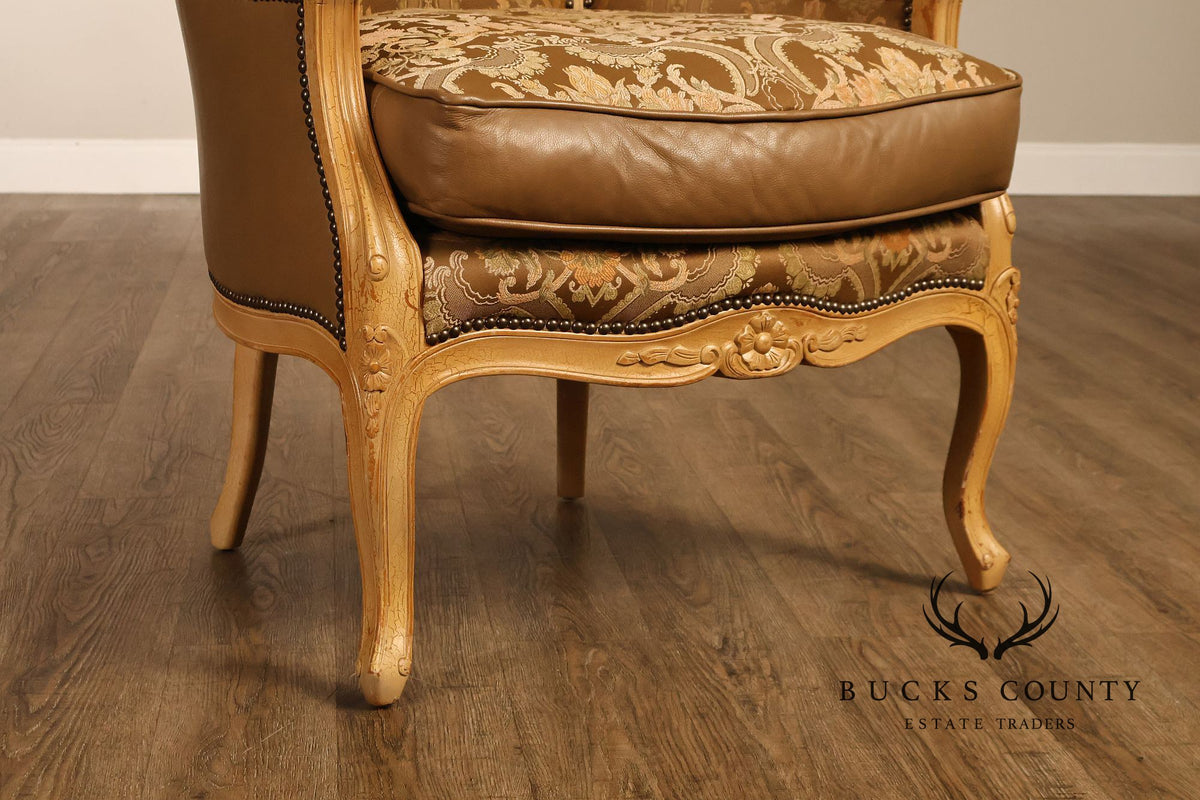 Old Hickory Tannery French Louis XV Style Pair Of Cane And Leather Hooded Porter Chairs