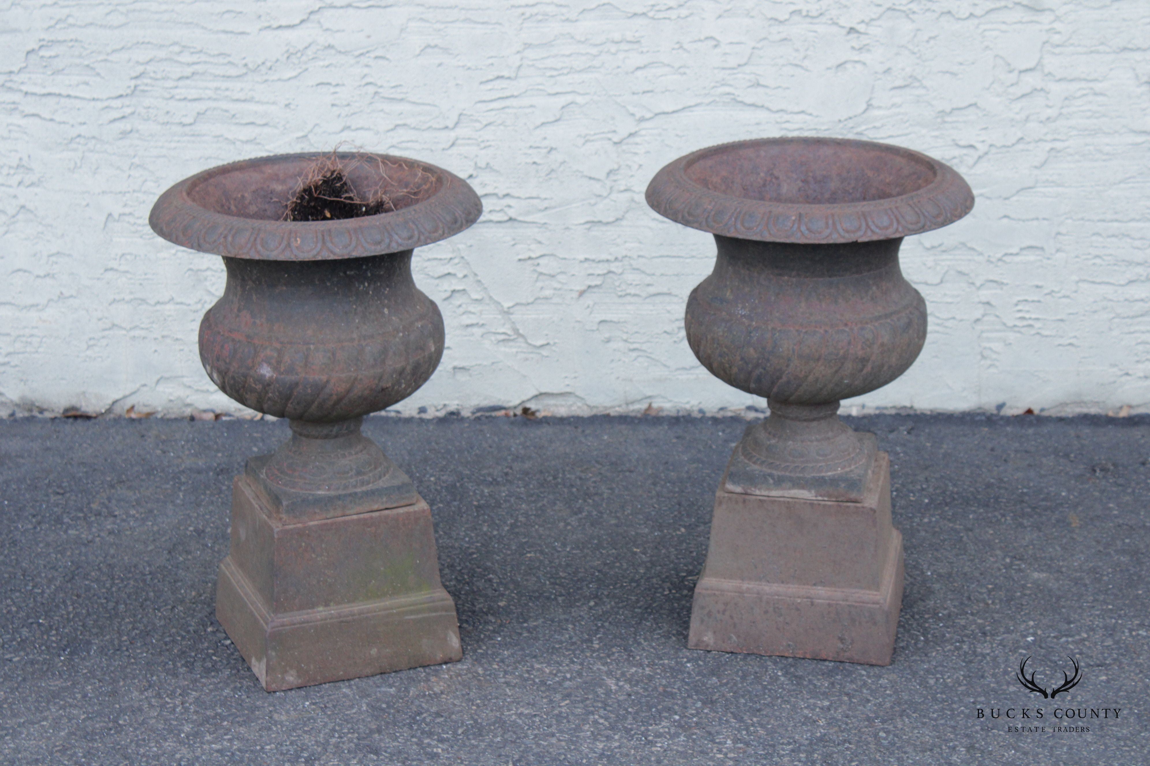 French Style Vintage Pair of Cast Iron Garden Urns