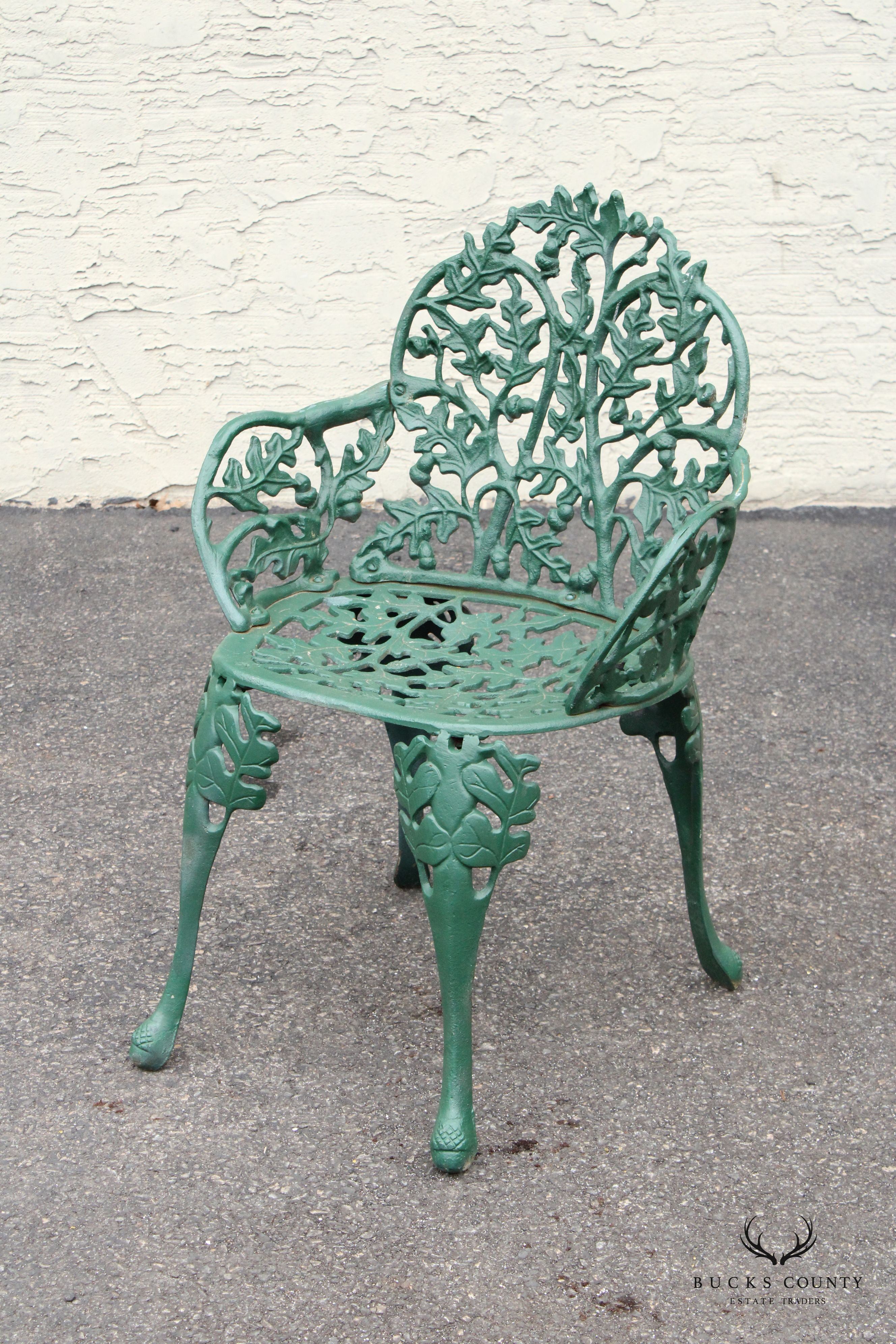 English Traditional Cast Iron Oak and Acorn Outdoor Garden Chair