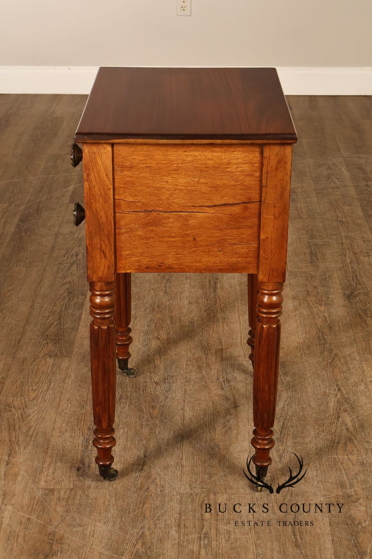 Antique American Sheraton Mahogany Two Drawer Work Table On Casters
