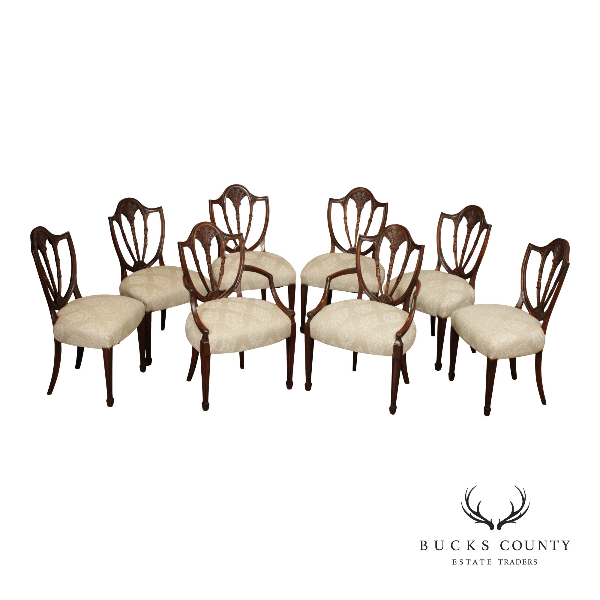 Hepplewhite Style Custom Quality Set Of Eight Carved Shield Back Dining Chairs