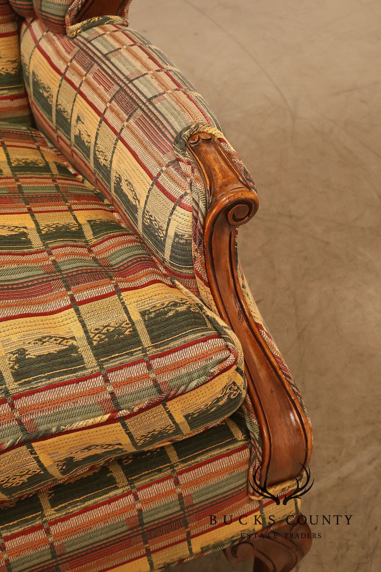 Vintage Channel Back Carved Frame Wingback Armchair