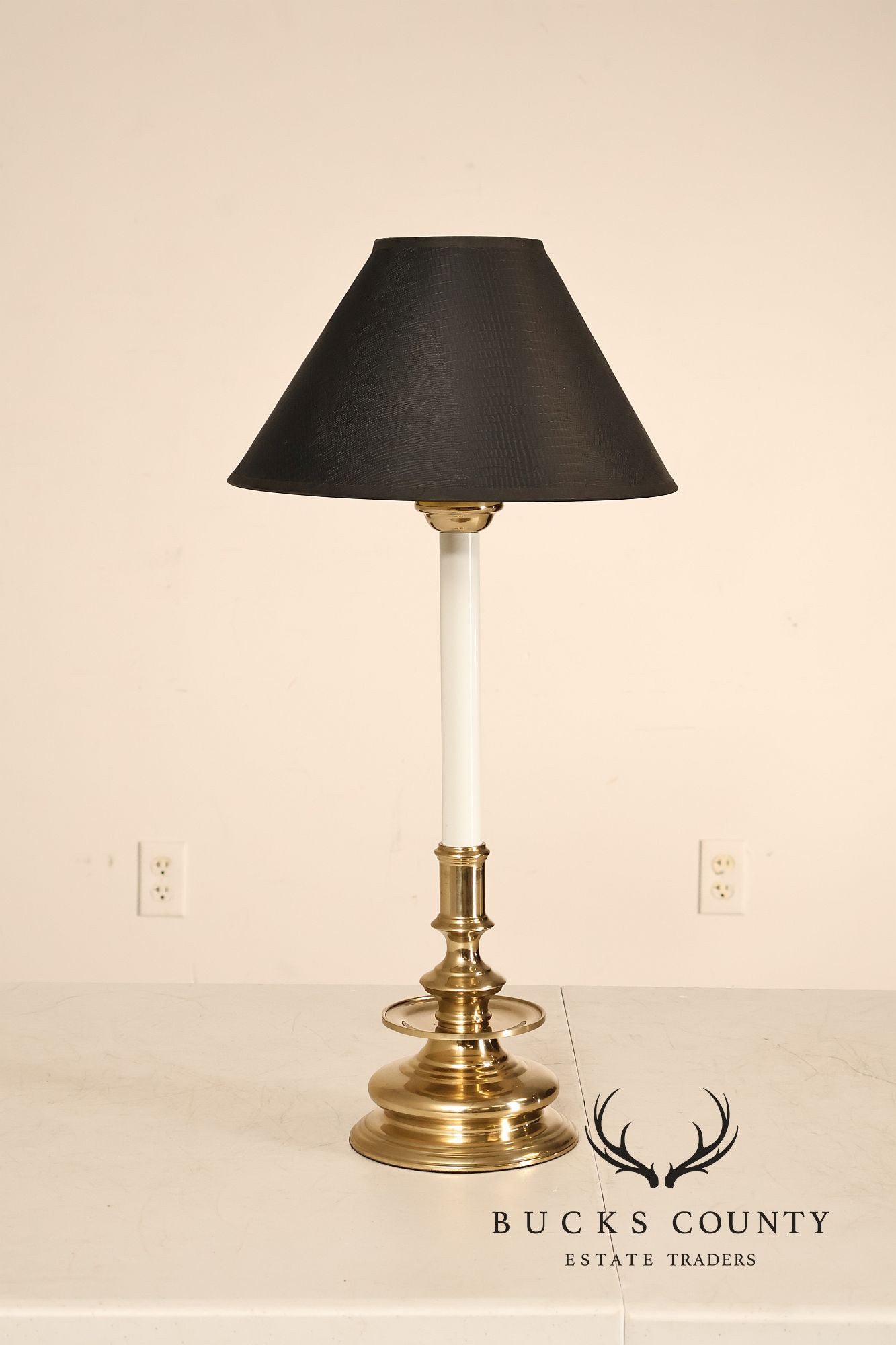 Pair of Brass Candlestick Style Table Lamps with Black Faux Alligator Shades