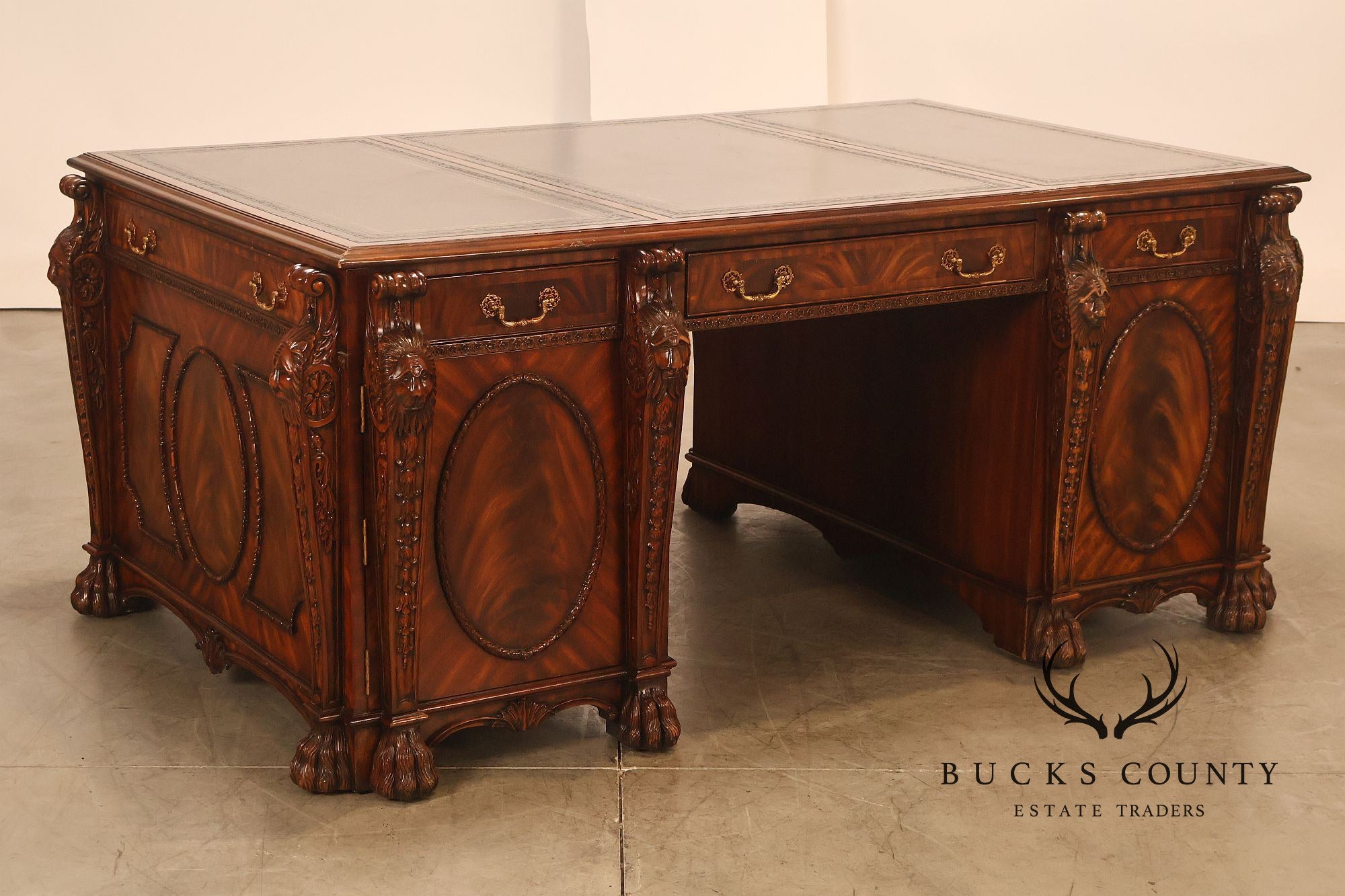 Maitland-Smith Carved Mahogany Leather Top Executive Partner's Desk