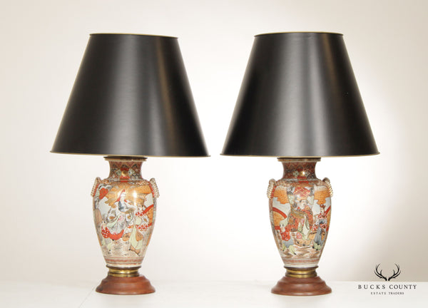 Japanese Satsuma Antique Pair of Enameled Porcelain Vase Table Lamps