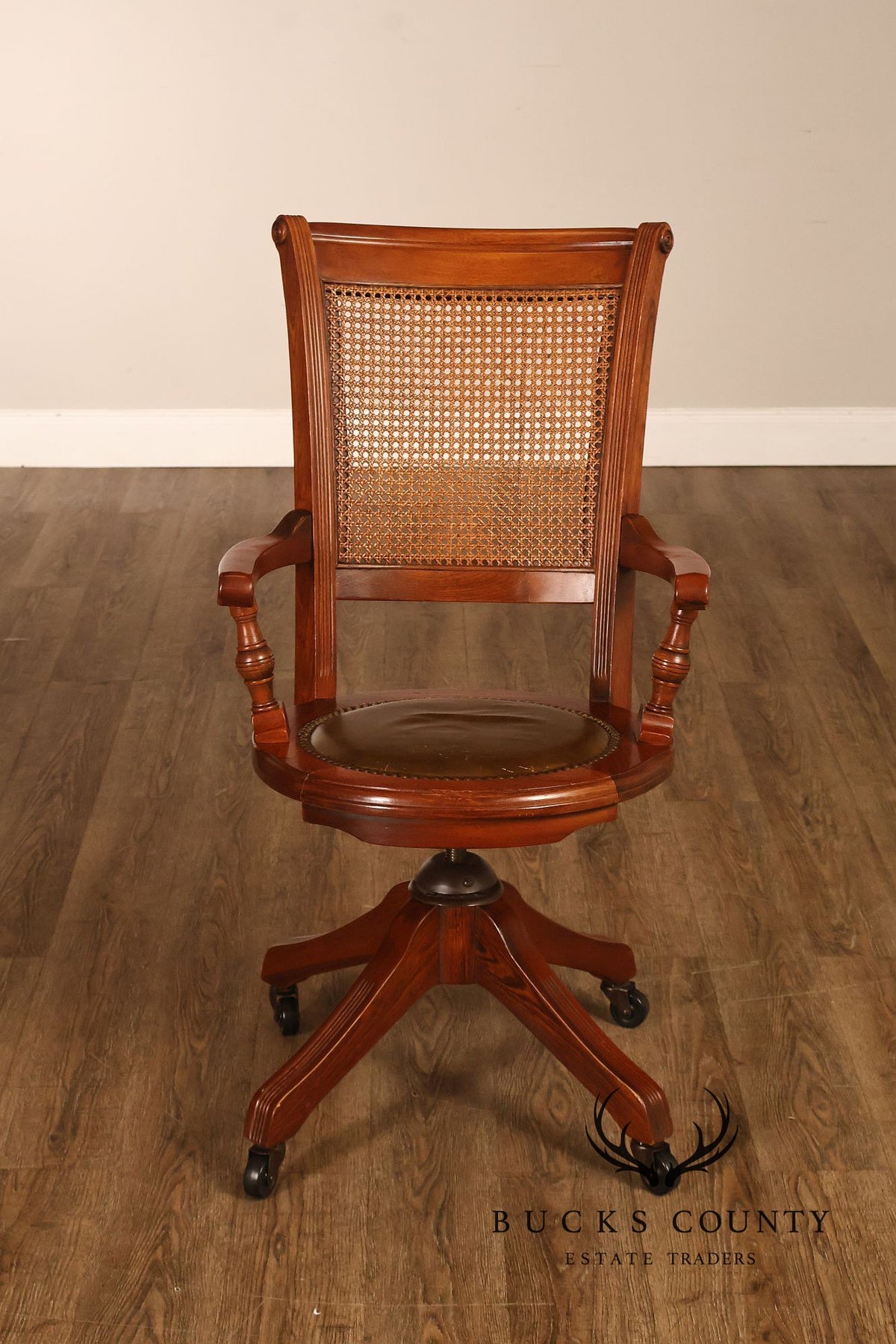 Vintage Leather and Cane Swivel Office Armchair