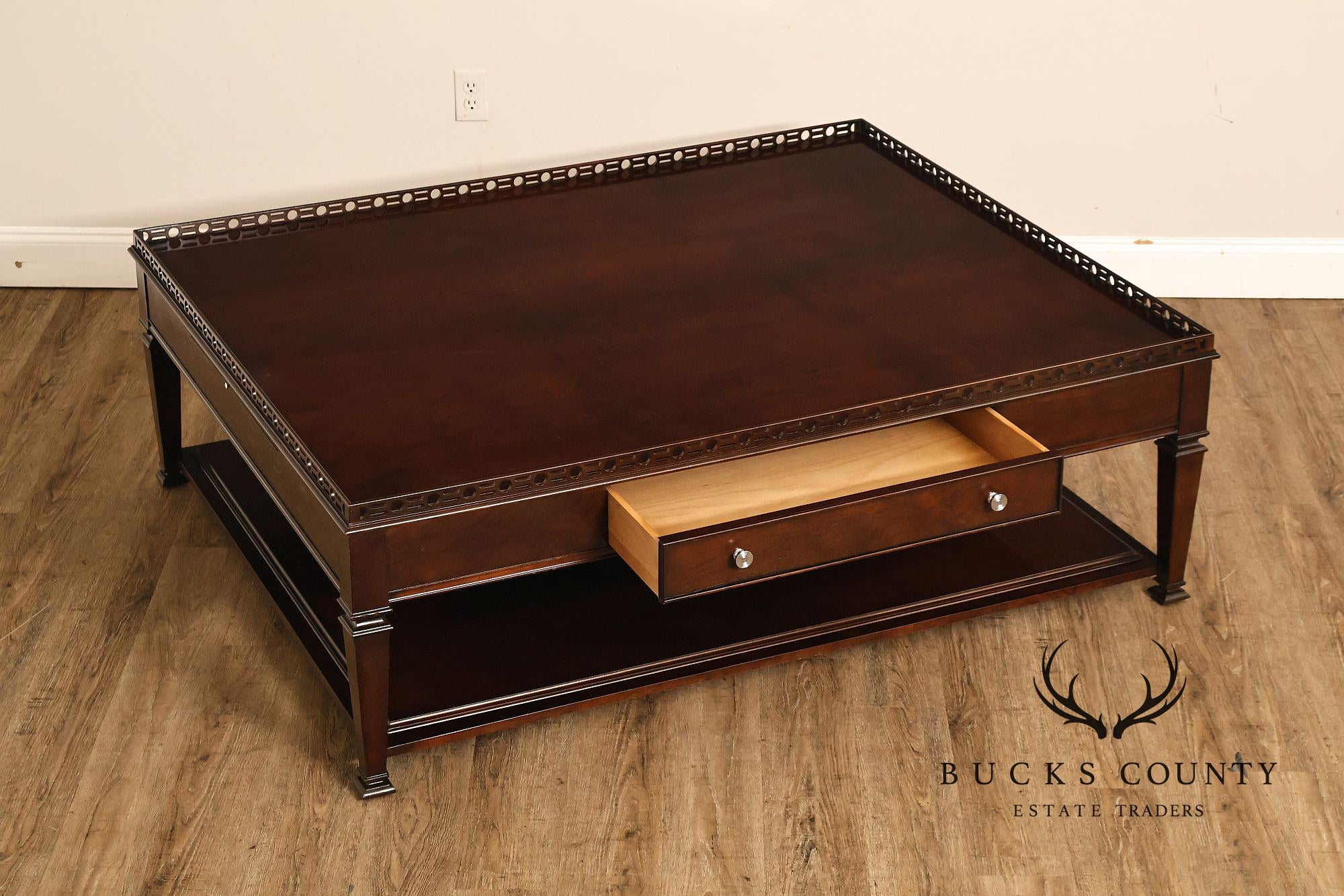 Century Furniture Large Mahogany Two Drawer Gallery Top Rectangular Cocktail Coffee Table