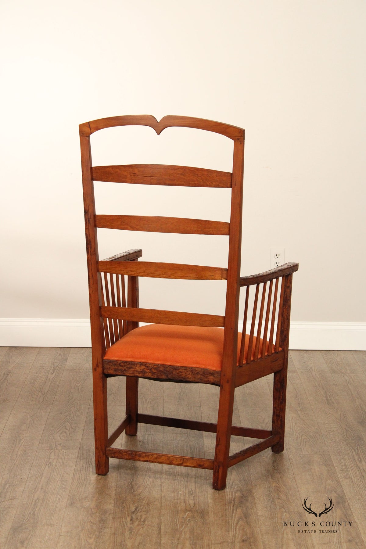 Antique Arts And Crafts Distressed Oak Tall Ladder Back Armchair