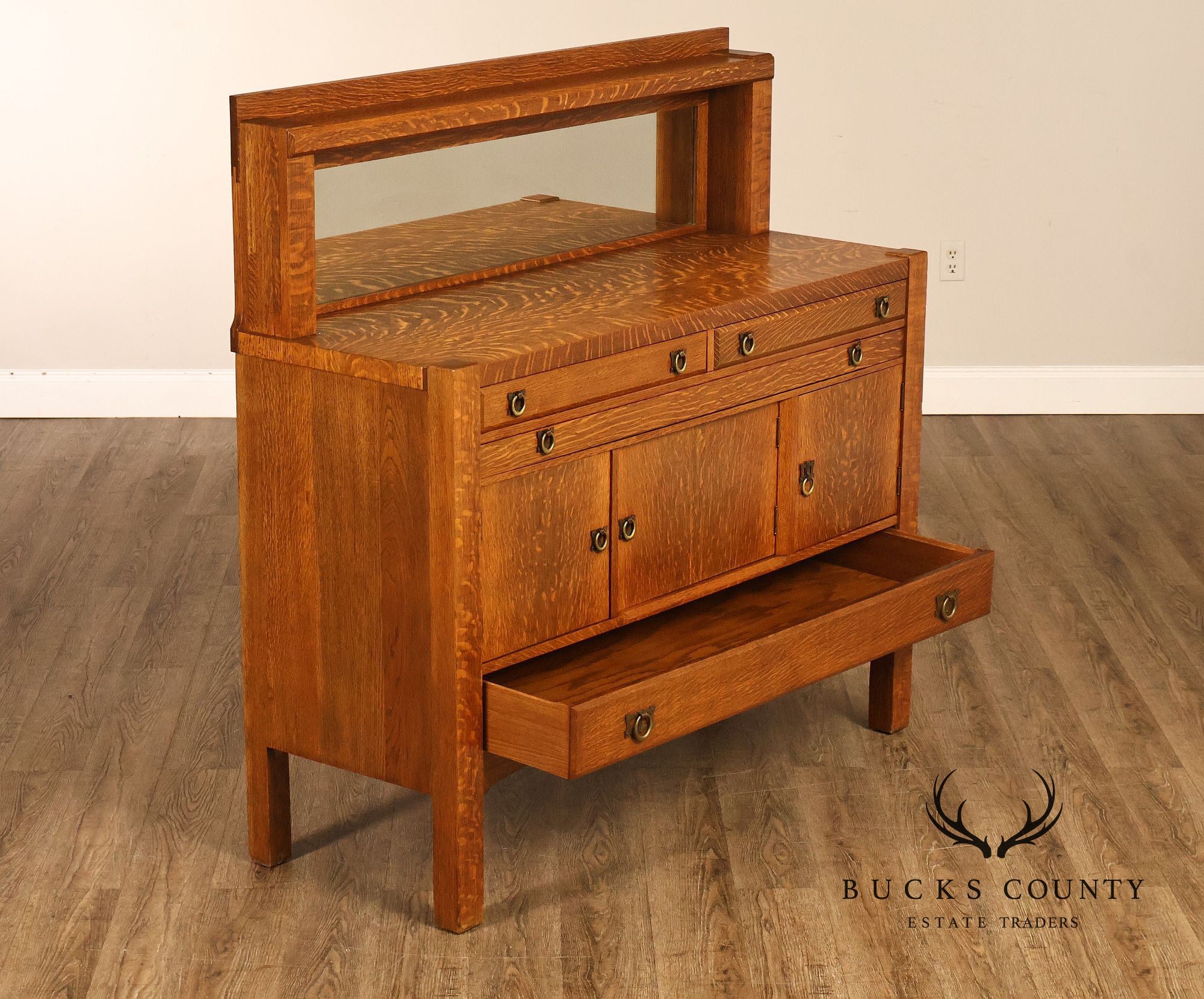 Antique Arts And Crafts Mission Oak Mirrored Sideboard Buffet