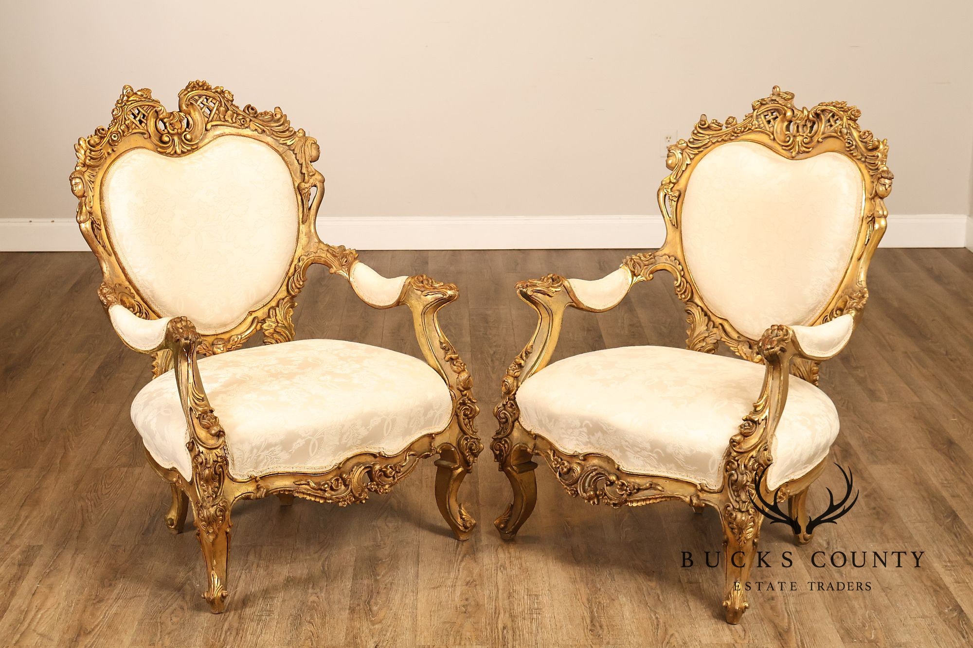 Italian Rococo Style Pair Of Carved Giltwood Upholstered Armchairs