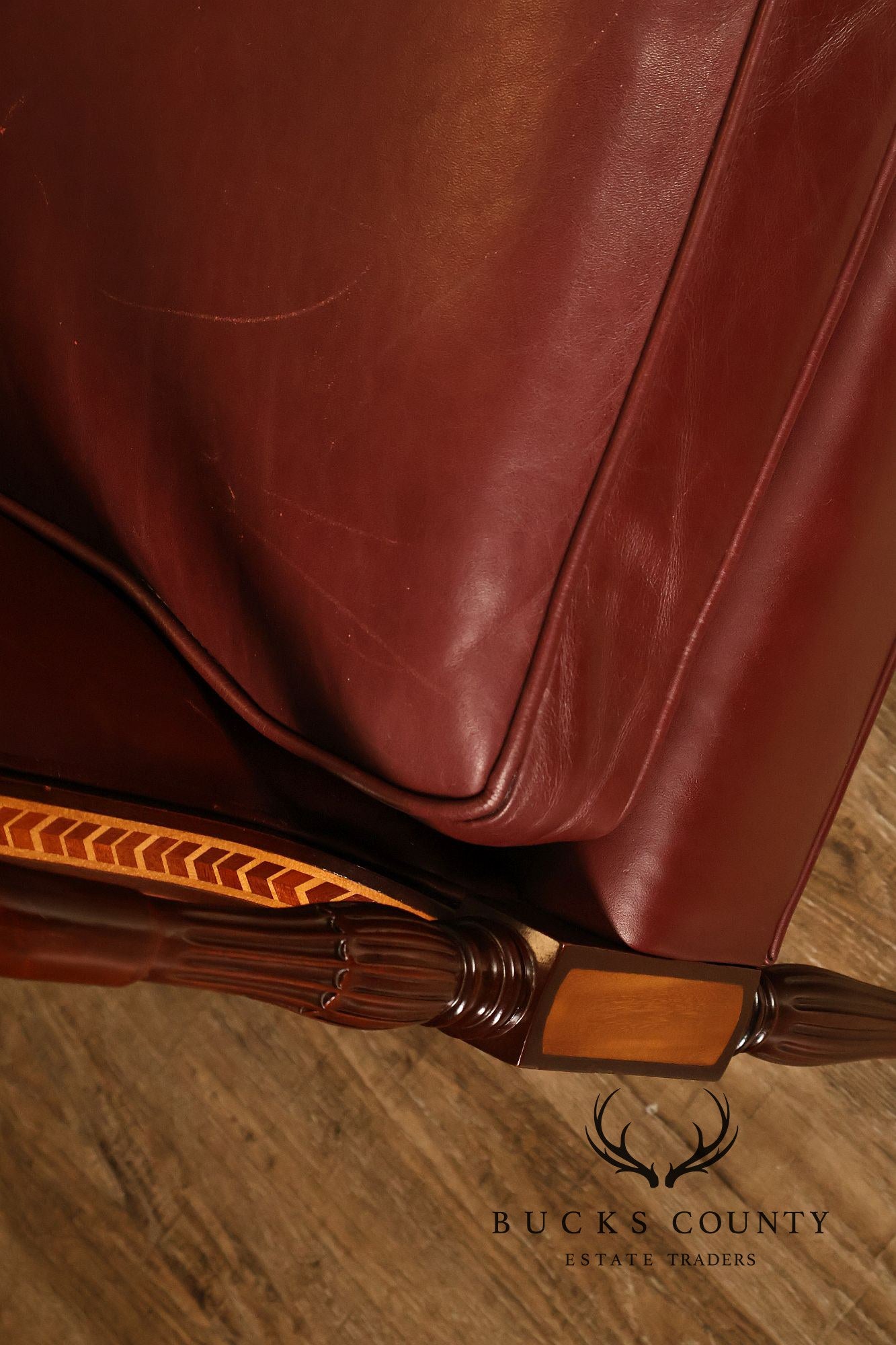 Hancock & Moore Sheraton Style Inlaid Mahogany Leather Settee