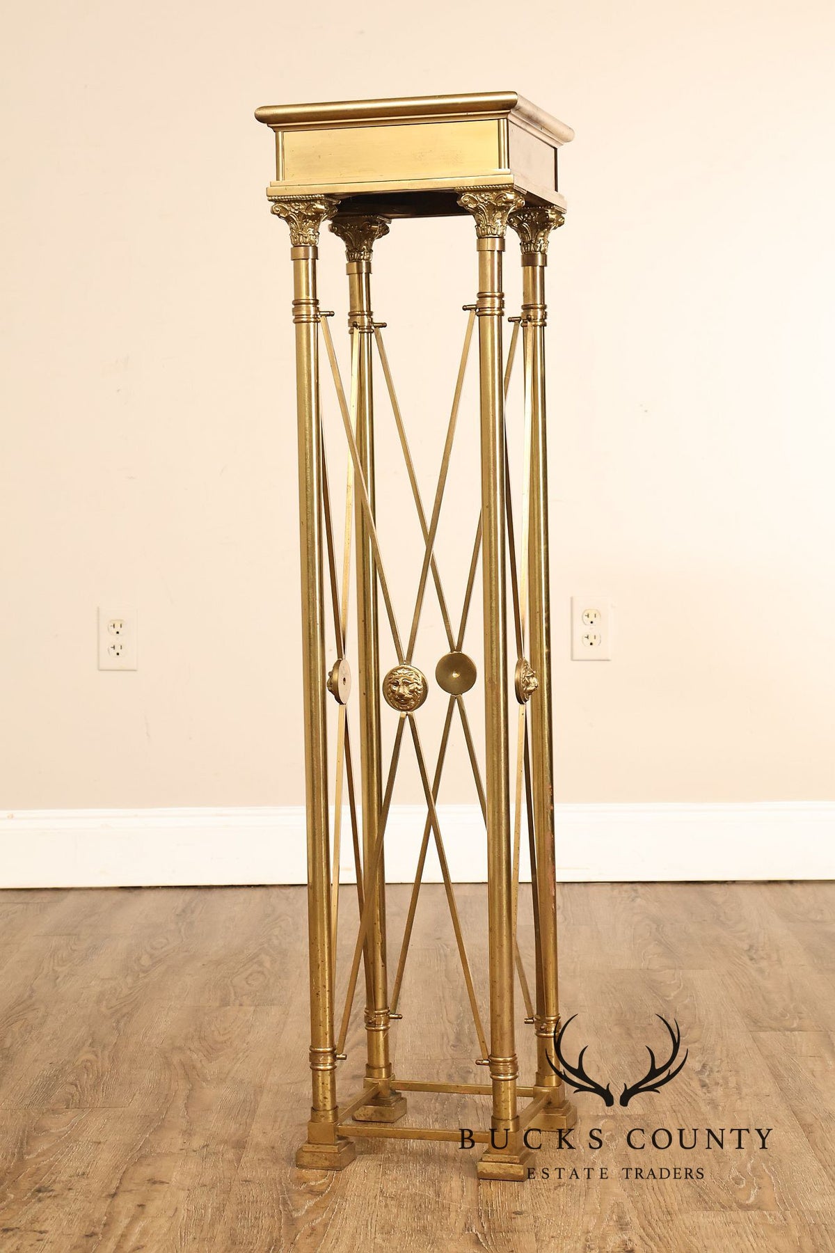 Vintage Neoclassical Style Heavy Brass Pedestal Plant Stand With Lion Medallions