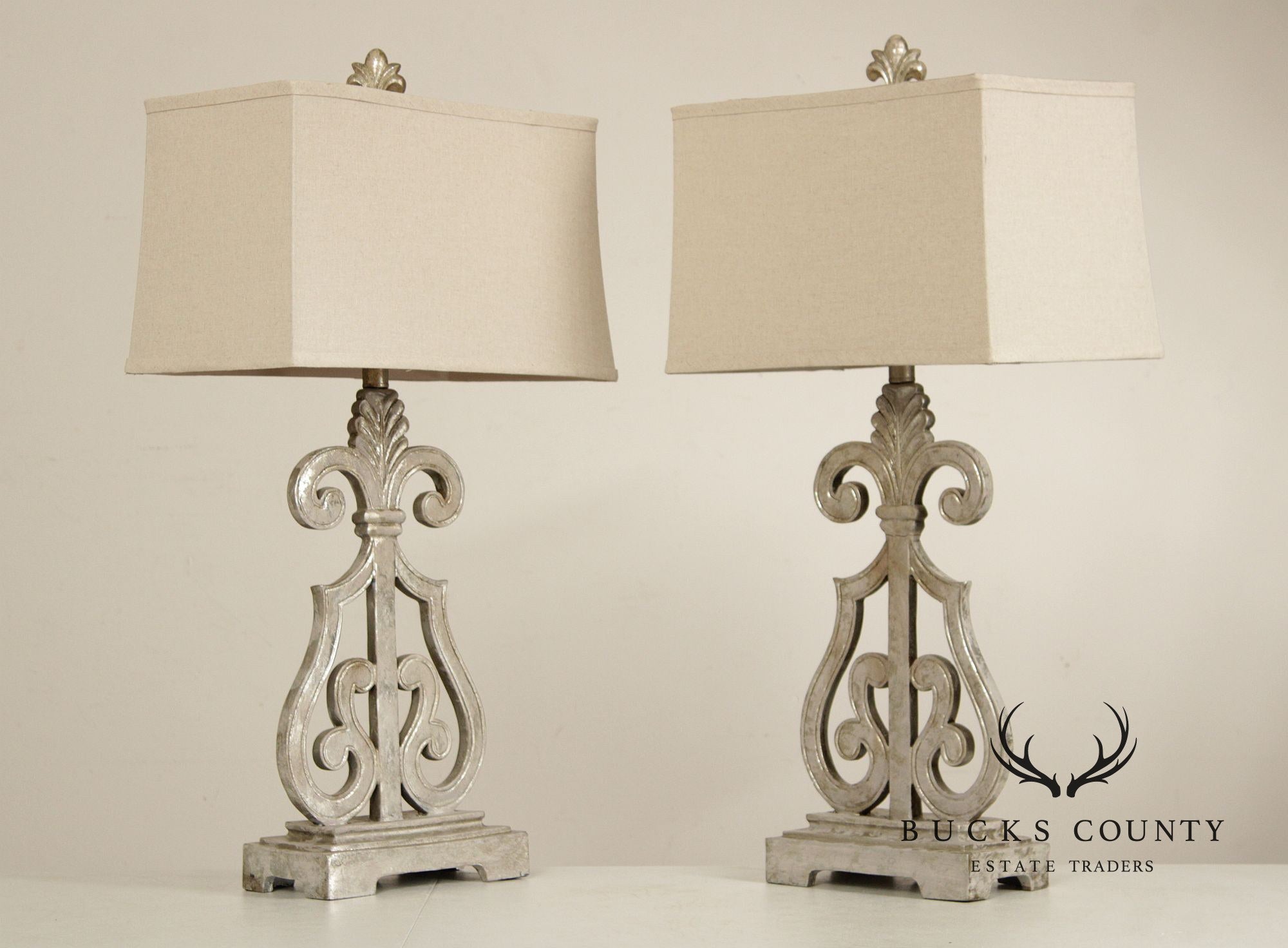 Traditional Pair of Silver Painted Table Lamps