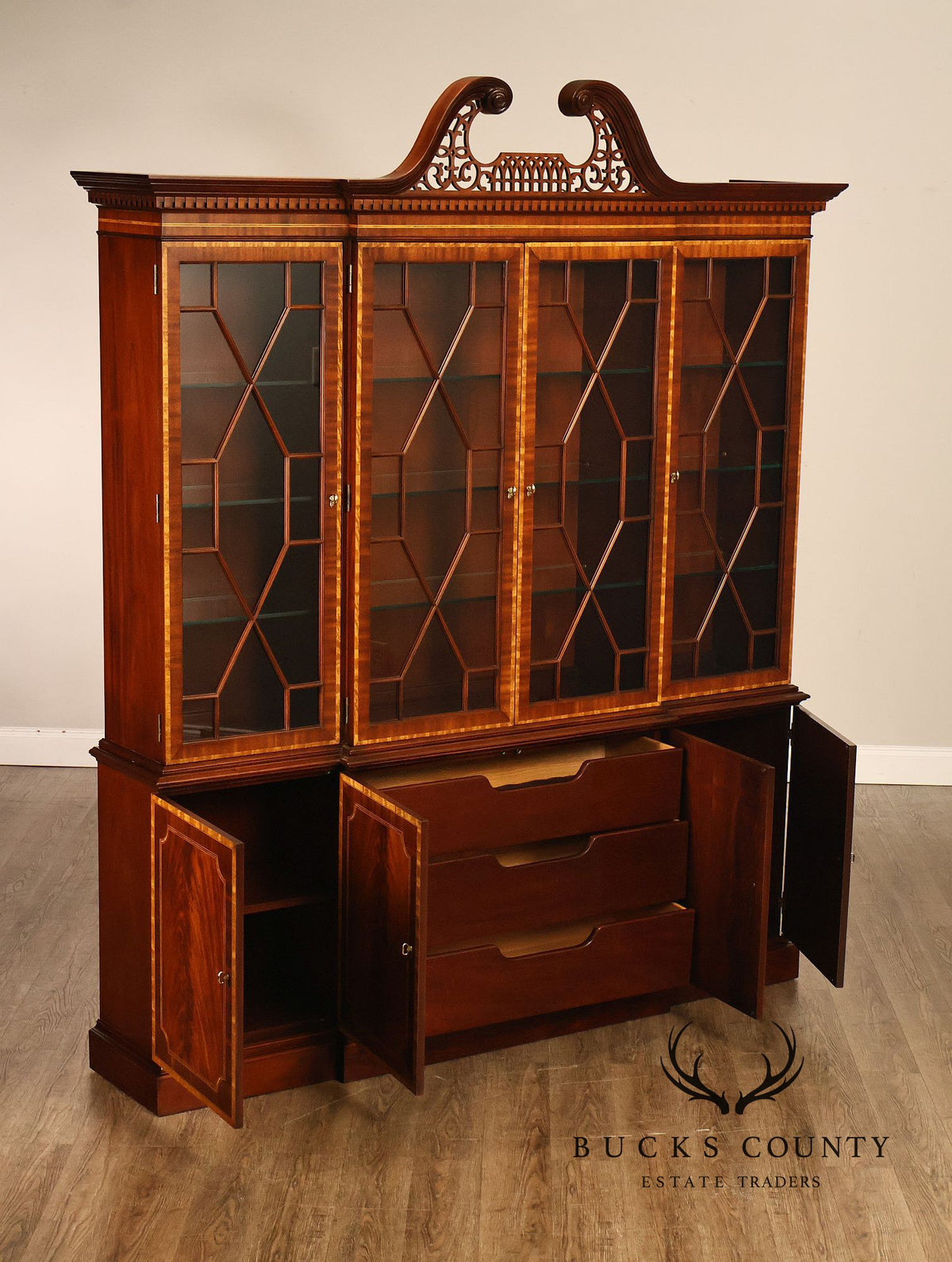 Councill Georgian Style Banded Mahogany Breakfront Bookcase