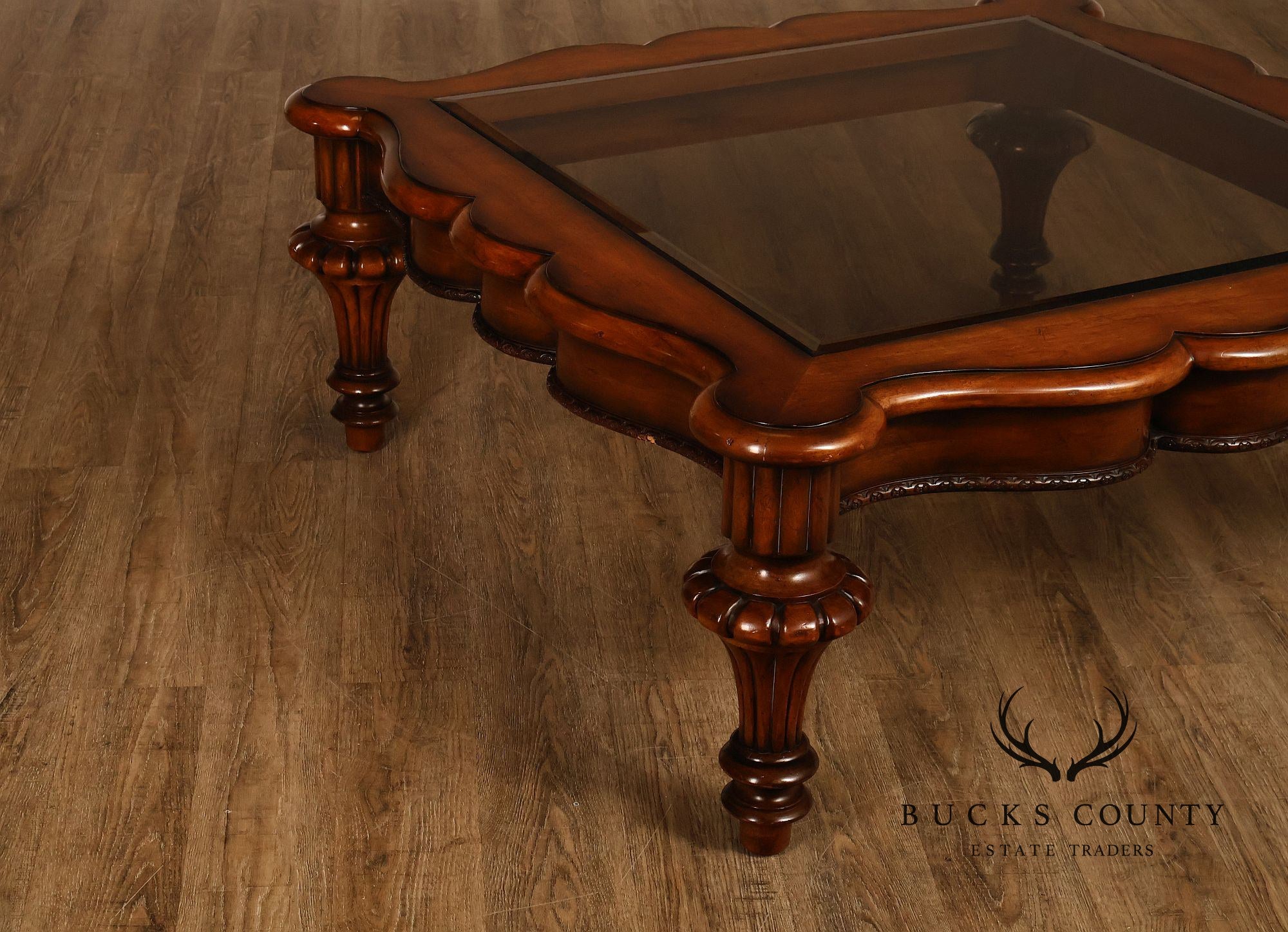 Mediterranean Style Carved Wood And Glass Square Coffee Table