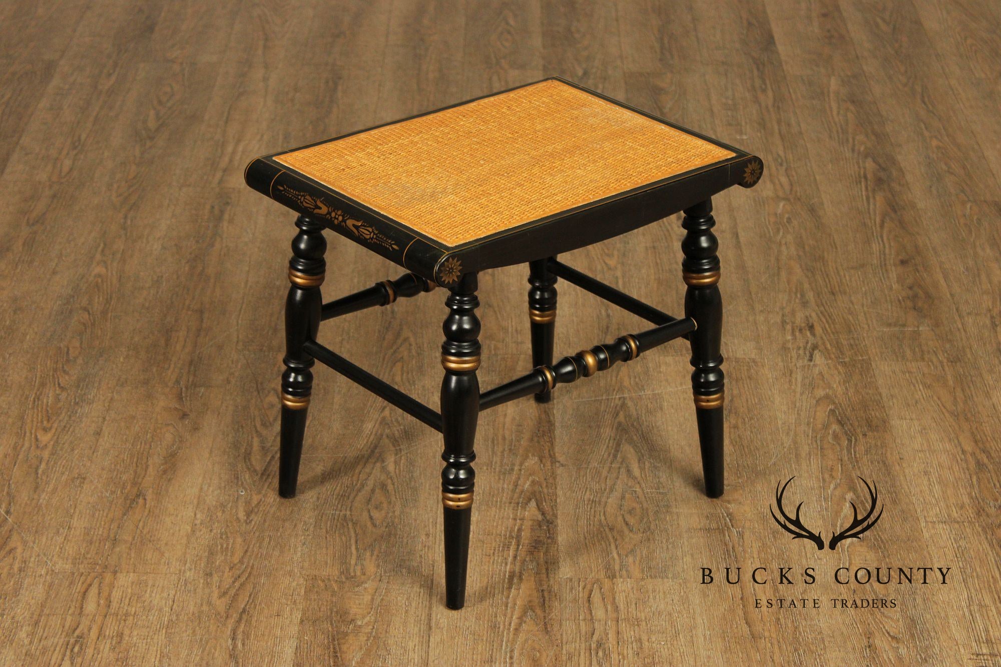 L. Hitchcock Black And Gold Stenciled Vanity Desk And Stool