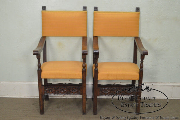 Antique Pair of Italian 19th Century Walnut High Back Throne Arm Chairs