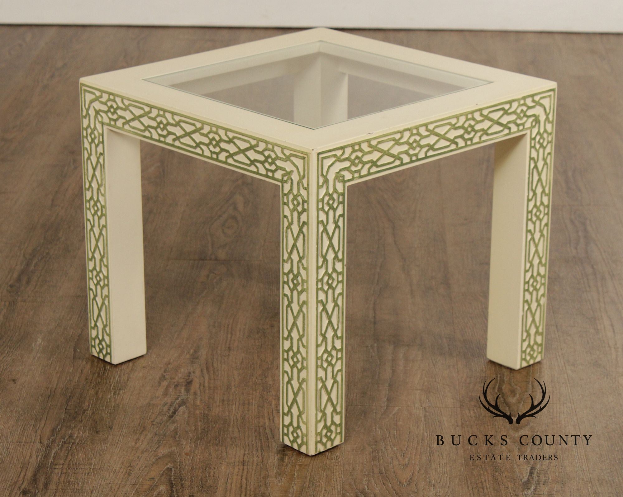 Hollywood Regency Pair Of Lacquered Greek Key Glass Top End Tables