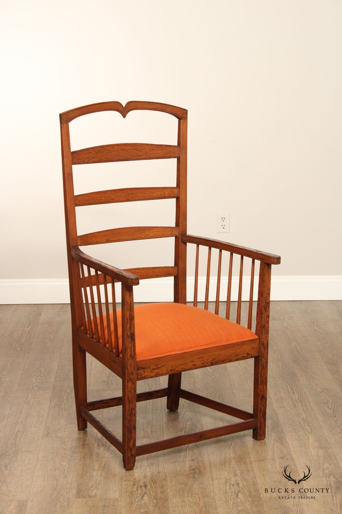 Antique Arts And Crafts Distressed Oak Tall Ladder Back Armchair