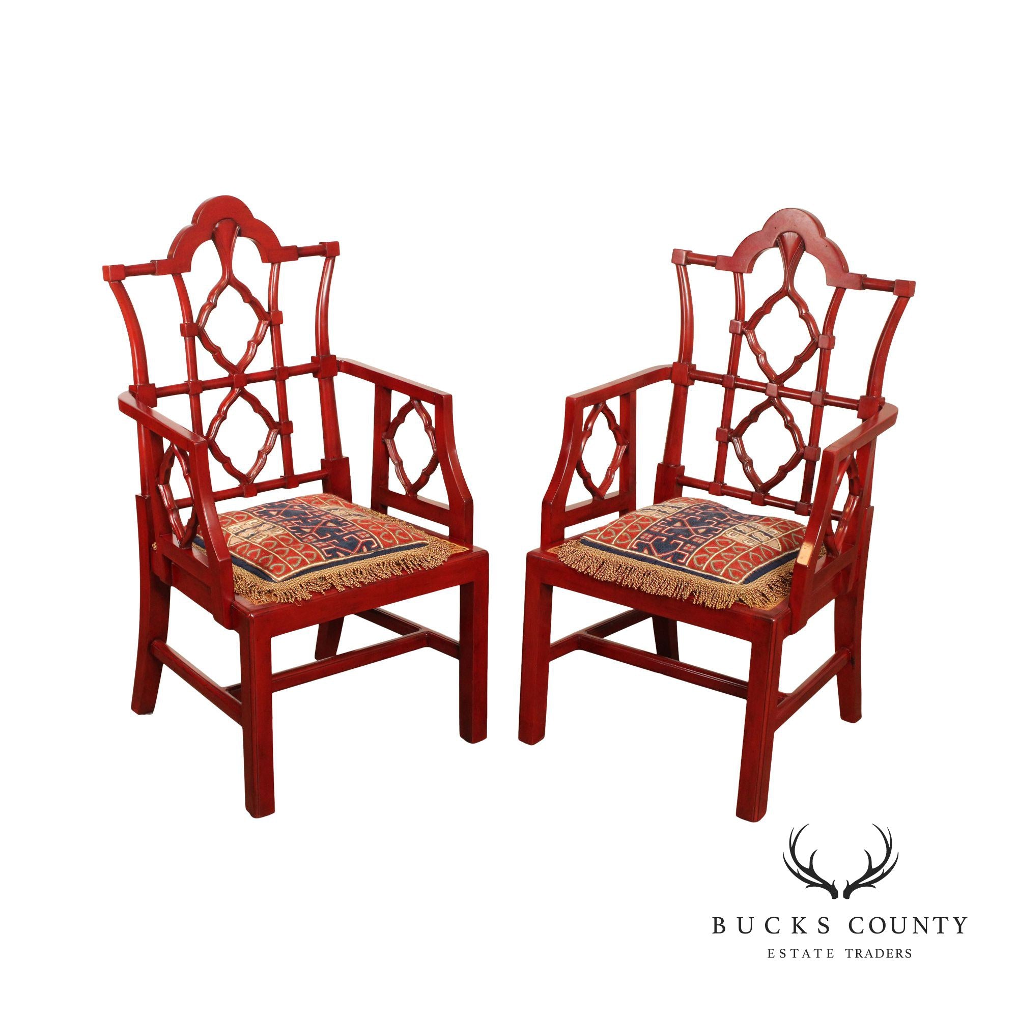 Chinese Chippendale Style Pair of Red Lacquered Dining Armchairs