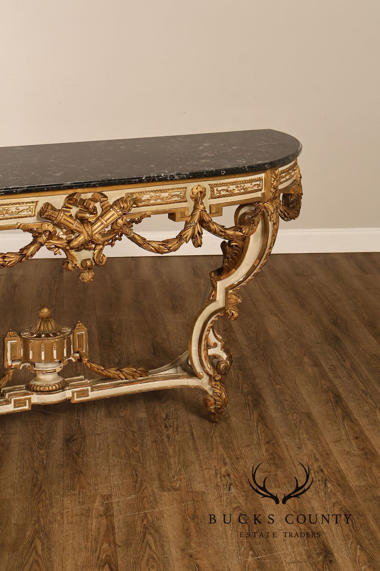 Louis XV Style Giltwood And Painted Demilune Marble Top Console Table