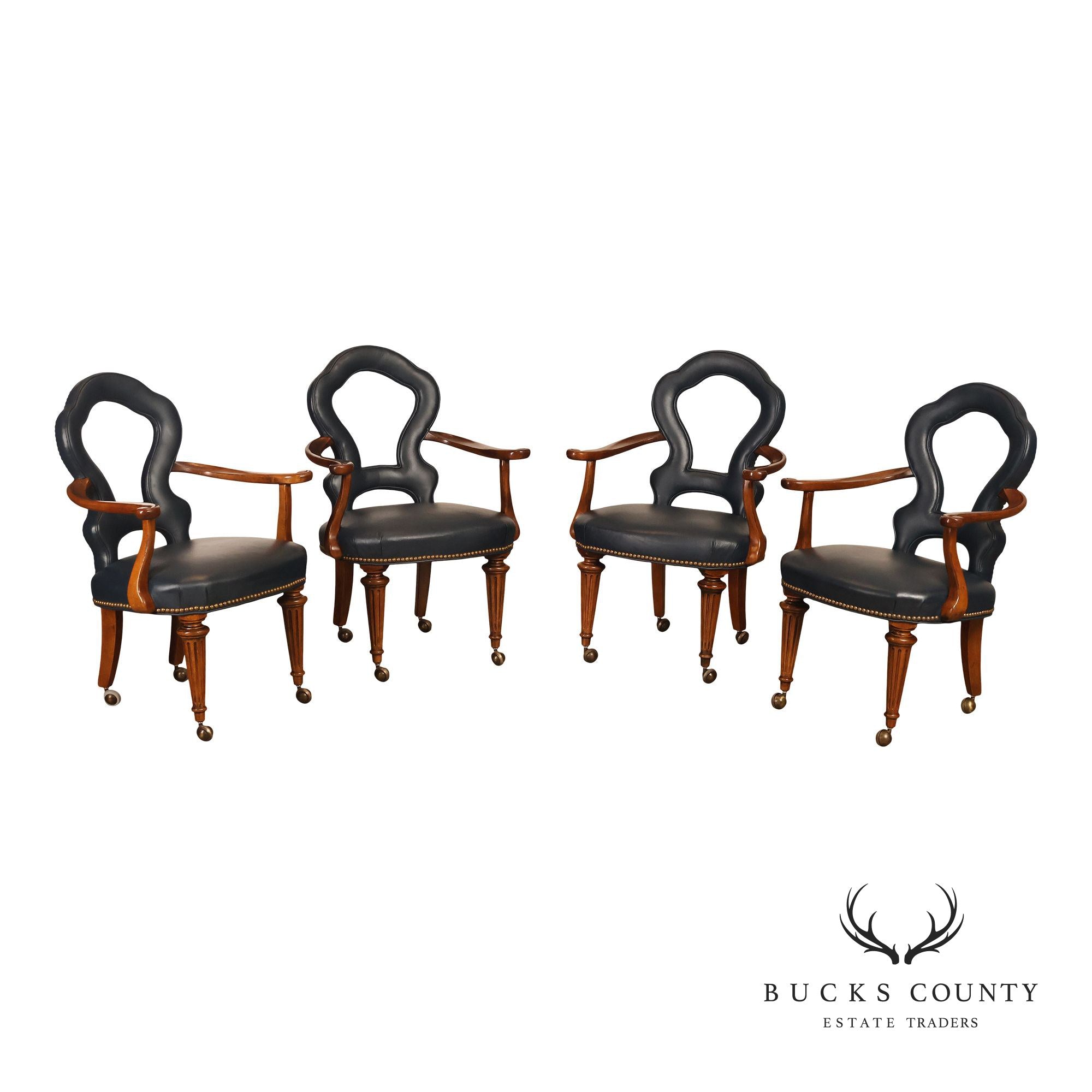 Century Furniture Regency Style Set Of Four Leather Upholstered Rolling Armchairs