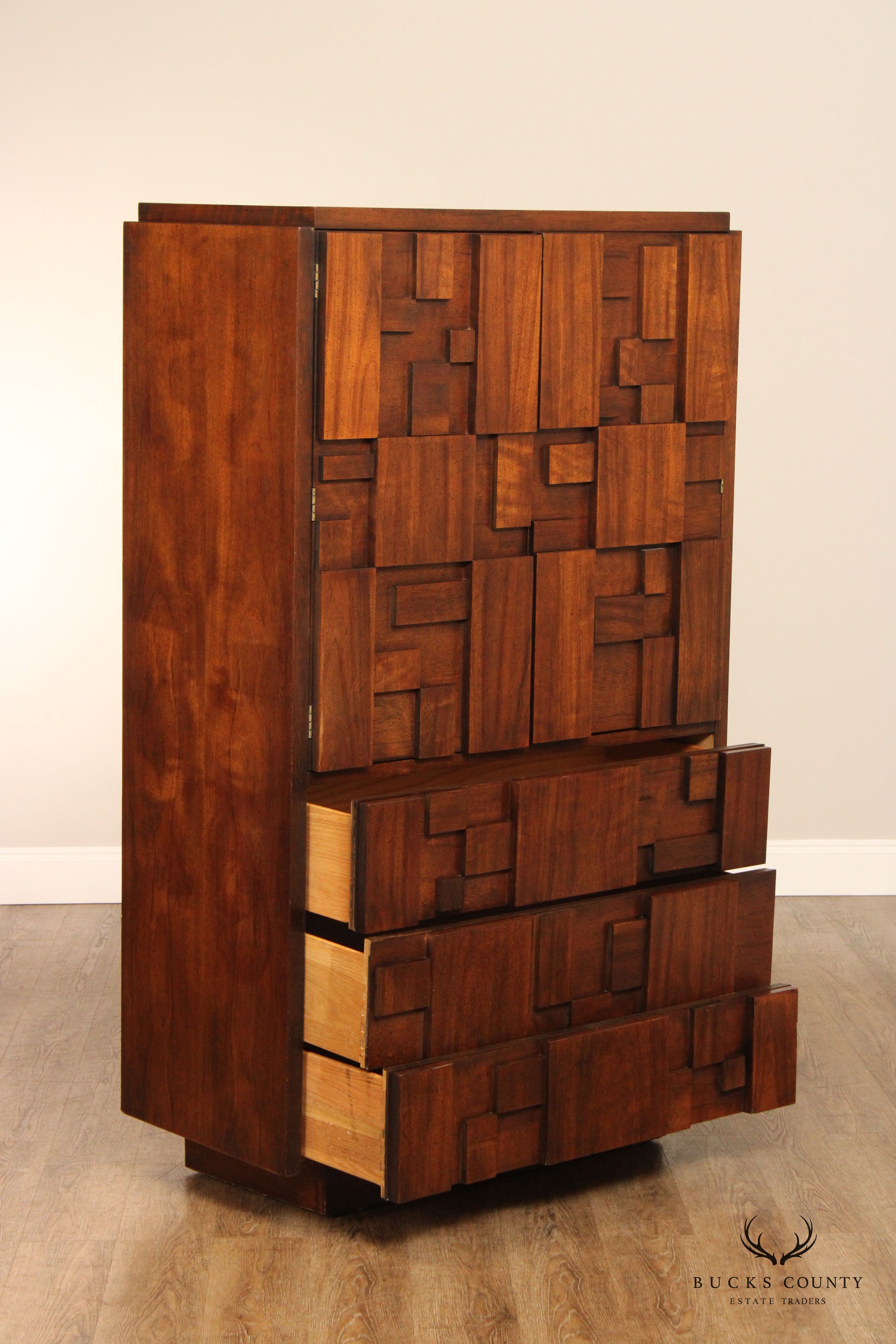 Lane 'Staccato' Mid Century ModernBrutalist Walnut Armoire