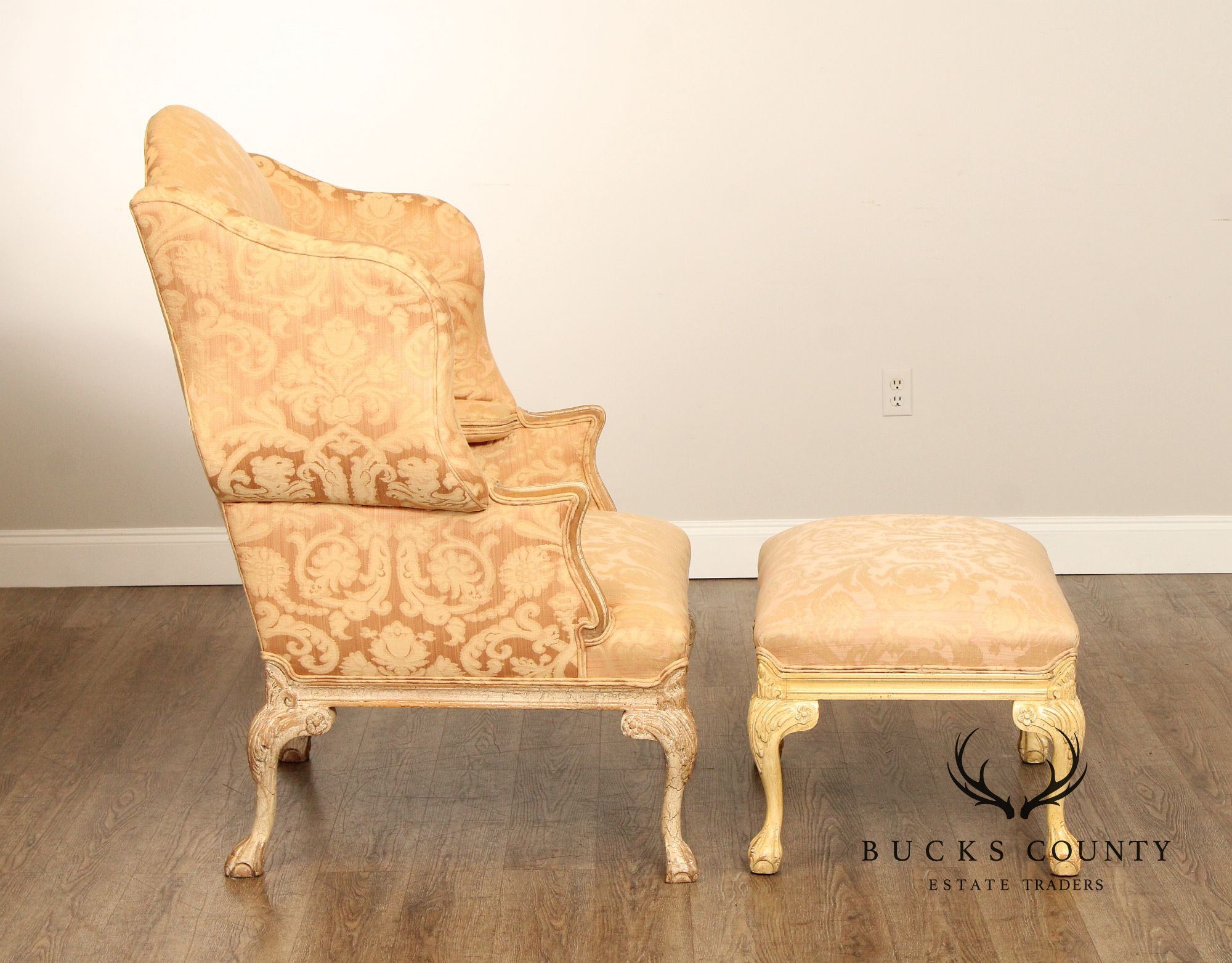 Georgian Style Antiqued Wingback Armchair and Ottoman