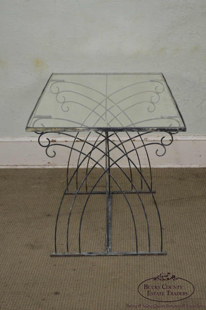 Art Deco Vintage Studio Wrought Iron Glass Top Patio Console Table