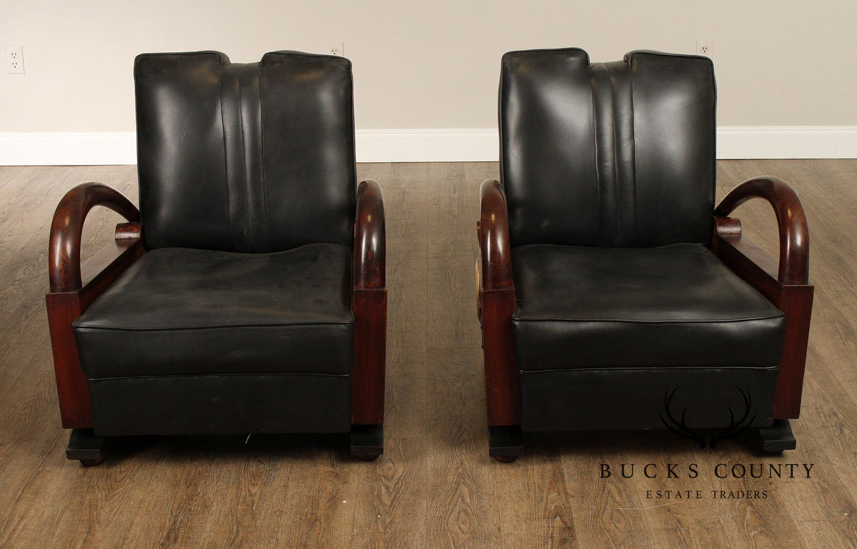 Art Deco Pair Of Streamline Moderne Rosewood And Black Leather Lounge Chairs