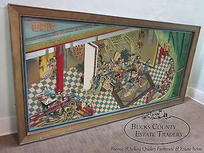 Unusual Hand Carved Oriental Chinoiserie Palace Scene Wall Mural Plaque