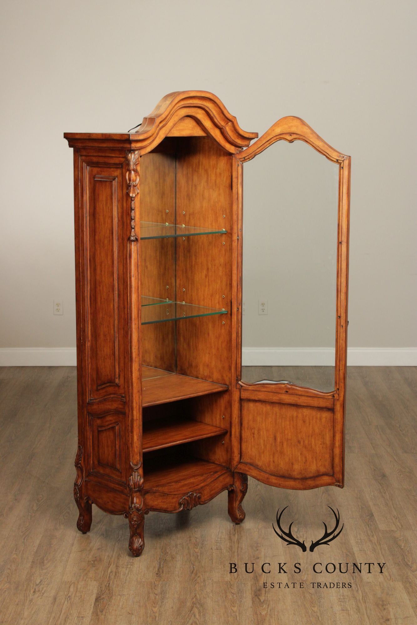 French Provincial Style Carved Wood Lighted Curio Display Cabinet