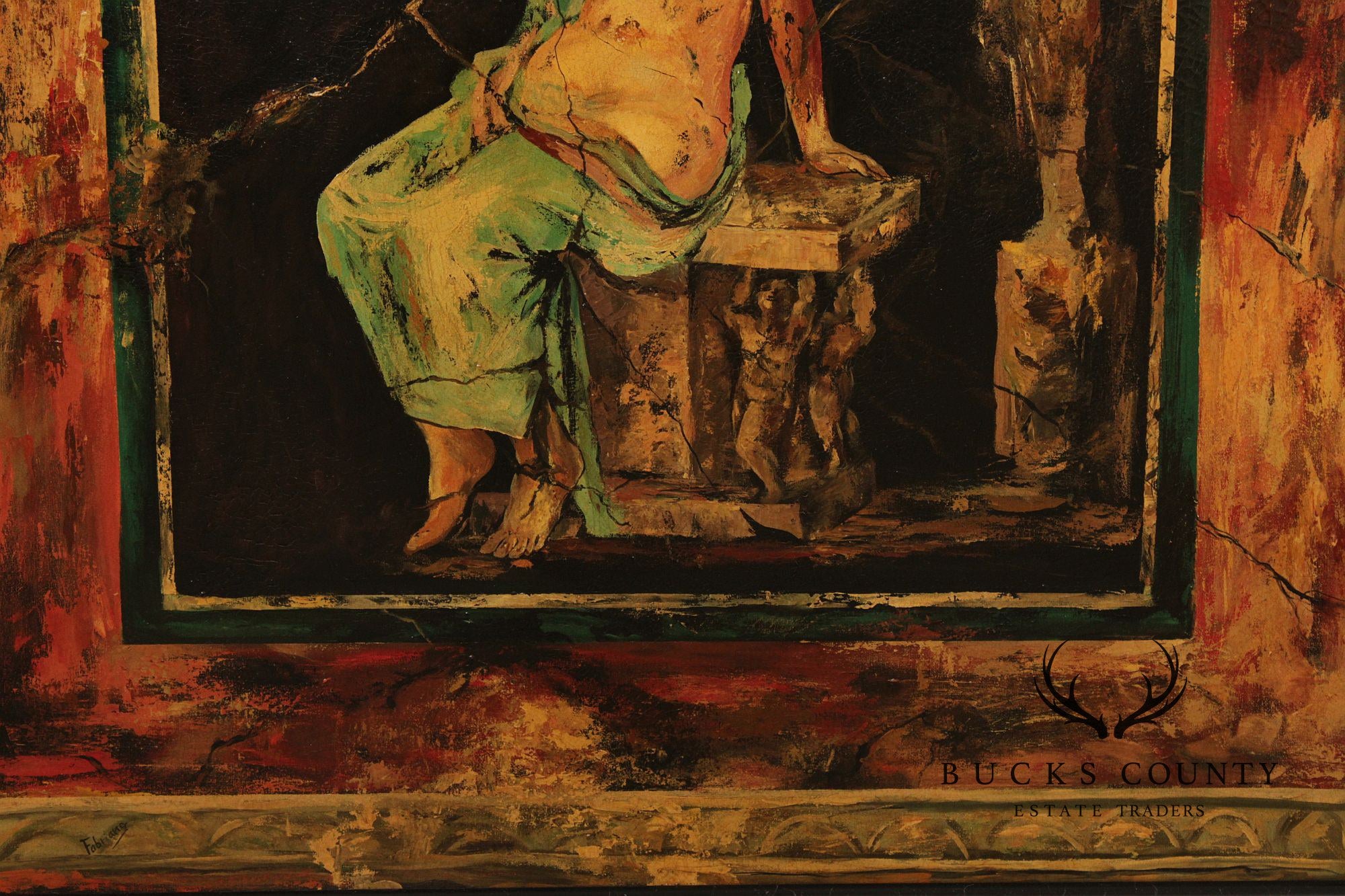 Roman Fresco Oil Painting Signed 'Fabriano' with Black Frame