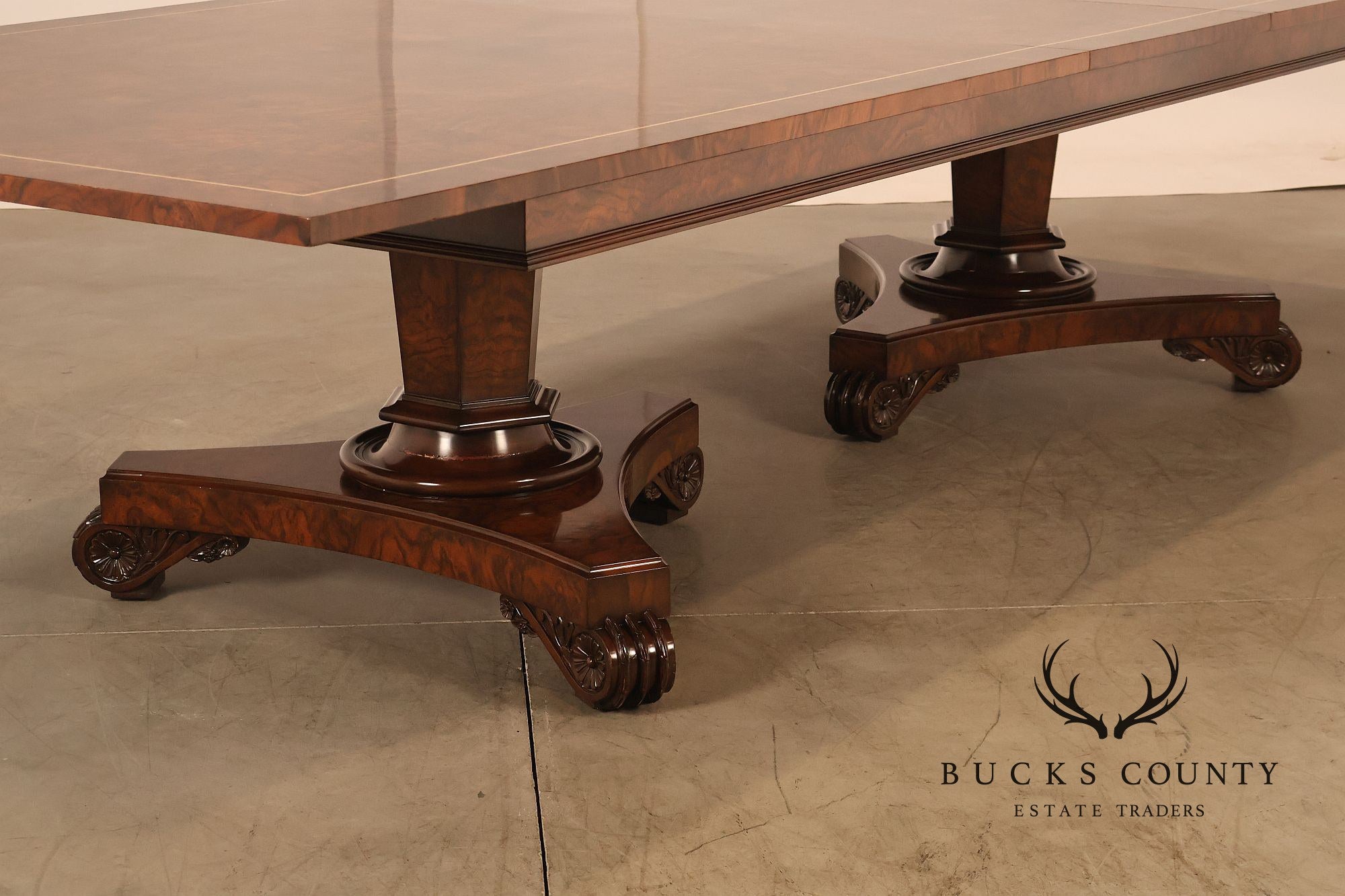 Custom Regency Style Burl Walnut Double Pedestal 12' Dining Table