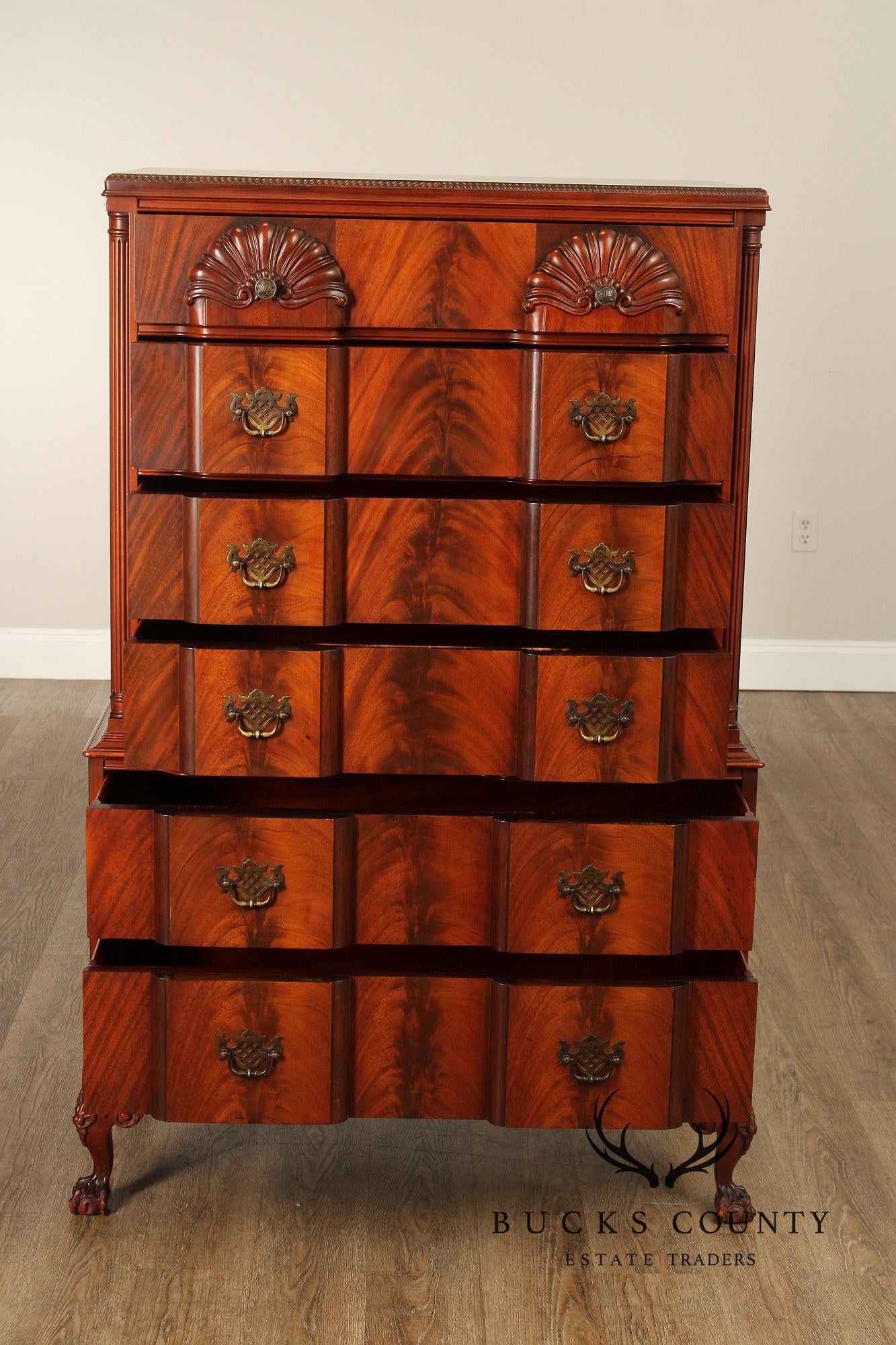 1940's Chippendale Style Shell Carved Flame Mahogany Blockfront Tall Chest