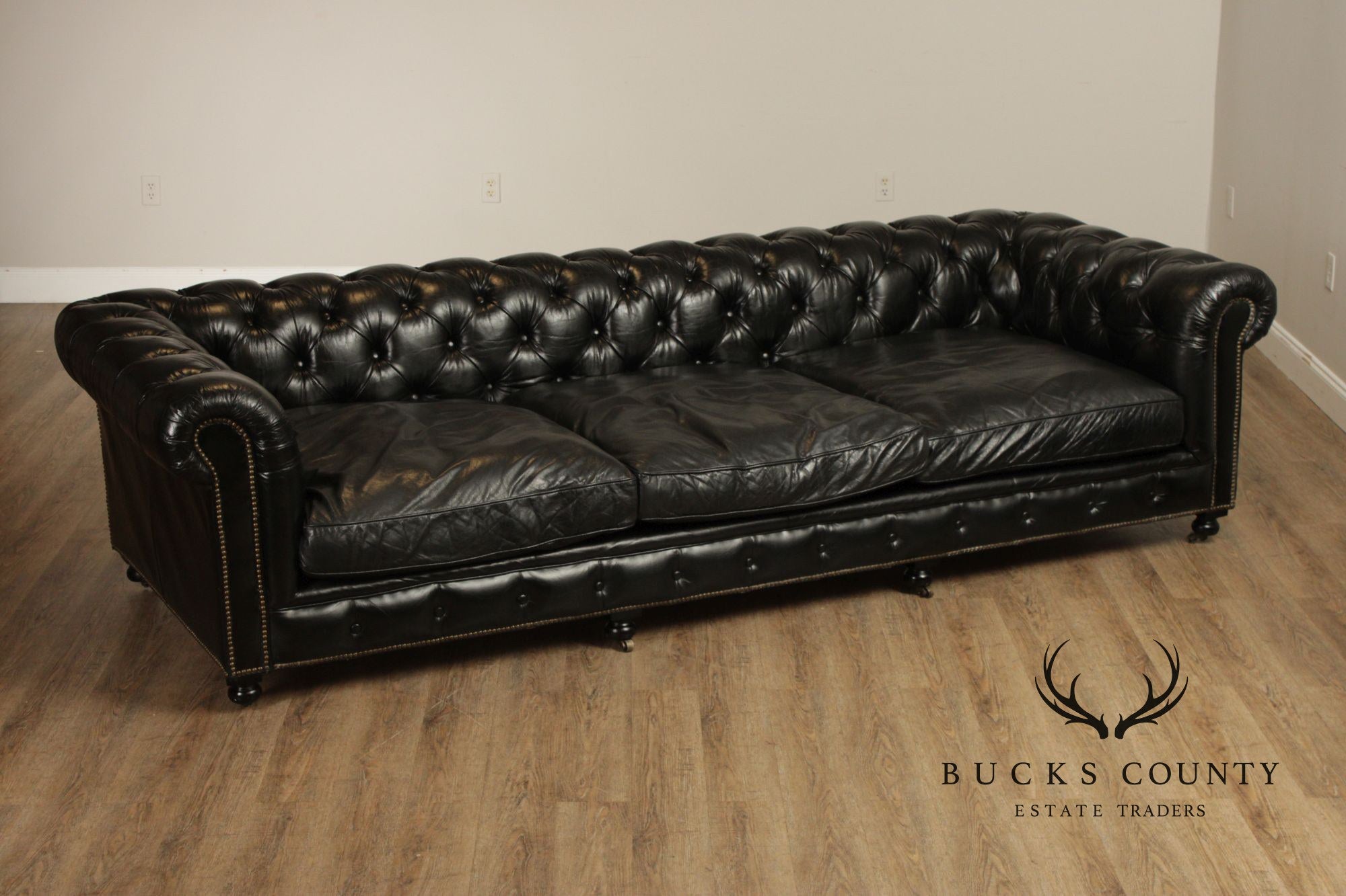 Restoration Hardware Long Black Leather Chesterfield Sofa