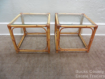 Vintage Quality Rattan Pair of Square Cube End Tables (B)