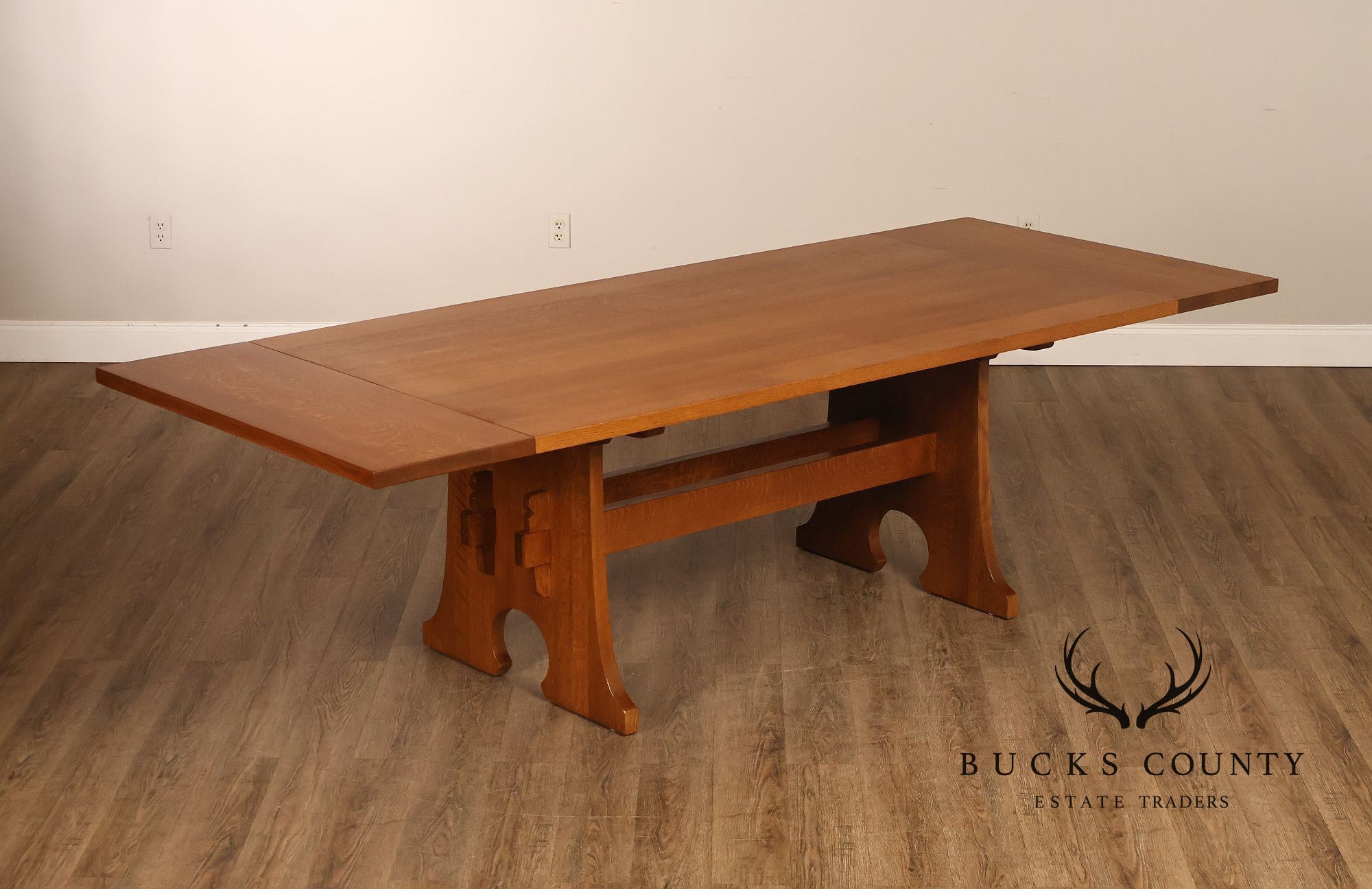 Stickley Mission Collection Oak Trestle Dining Table With Two Leaves