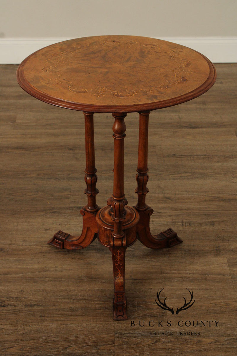 Antique Victorian Carved Inlaid Burl Wood Round Side Table