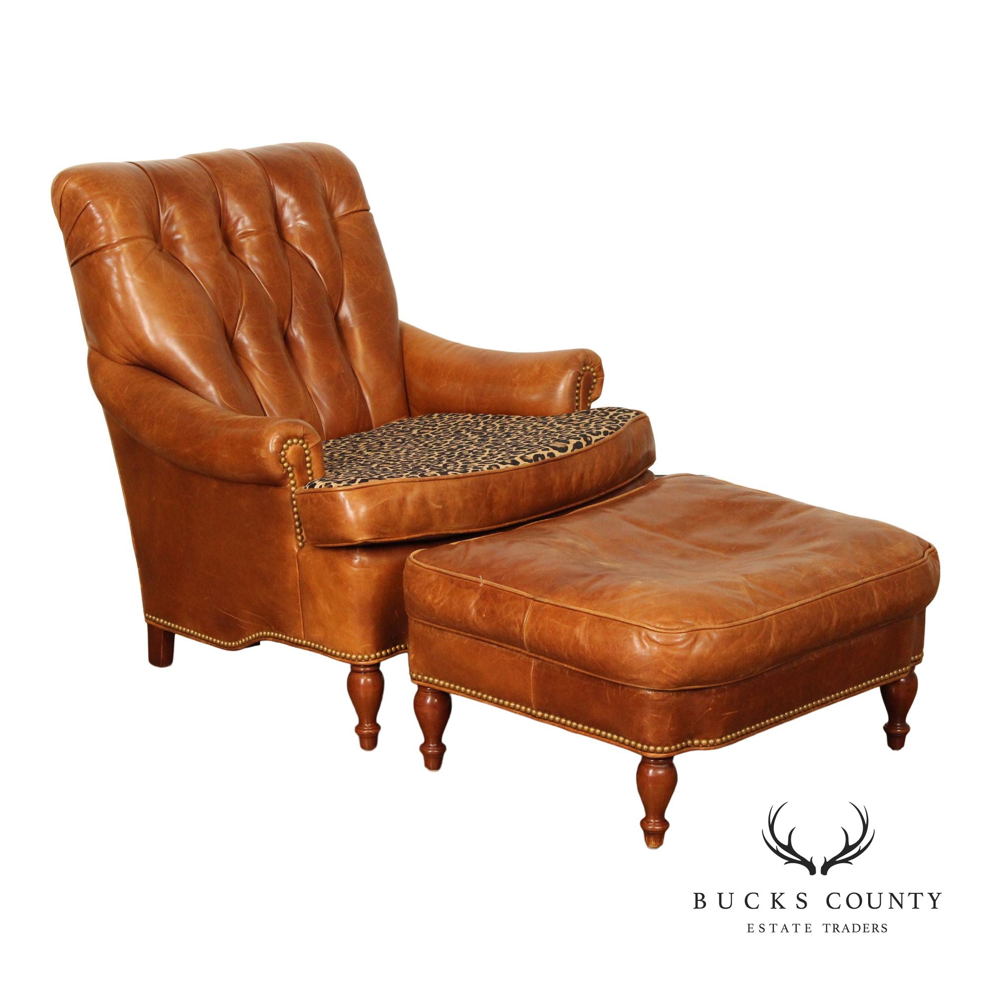 Hancock & Moore Cognac Leather Chesterfield Armchair and Ottoman