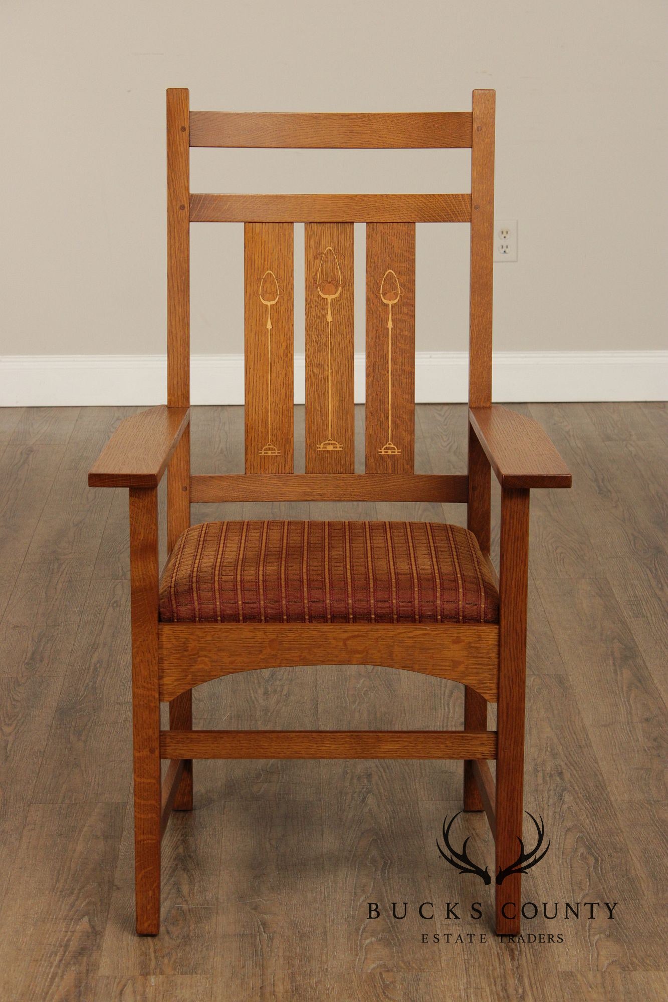 Stickley Mission Collection Set Of Four Harvey Ellis Oak Inlaid Dining Chairs