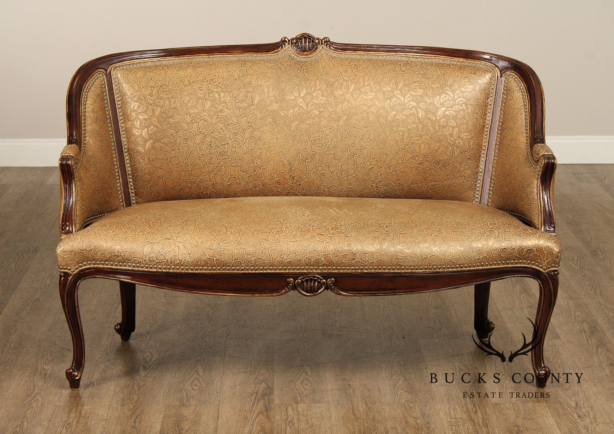 French Louis XV Style Mahogany And Embossed Leather Settee