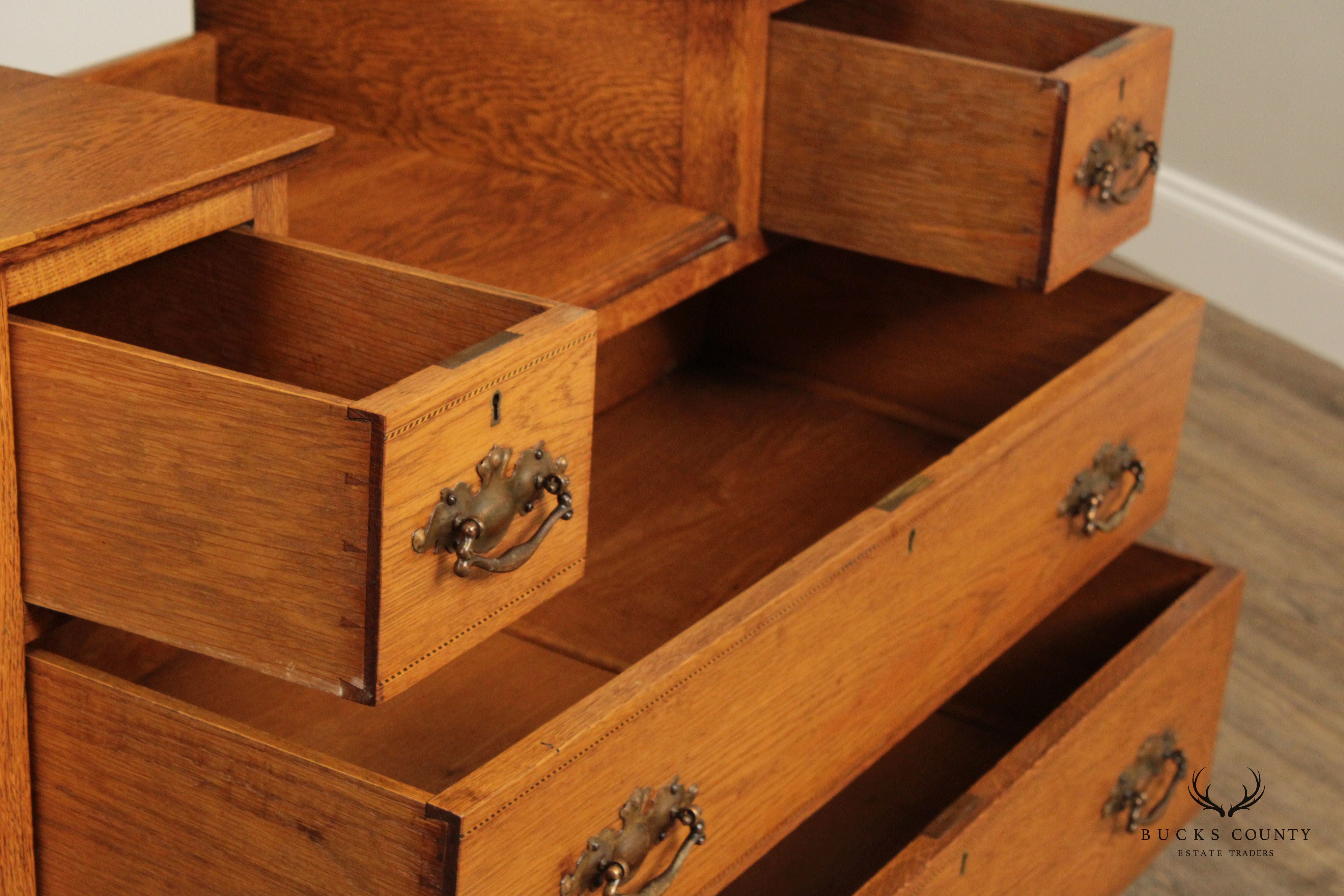 English Arts & Crafts Antique Oak Chest of Drawers with Mirror