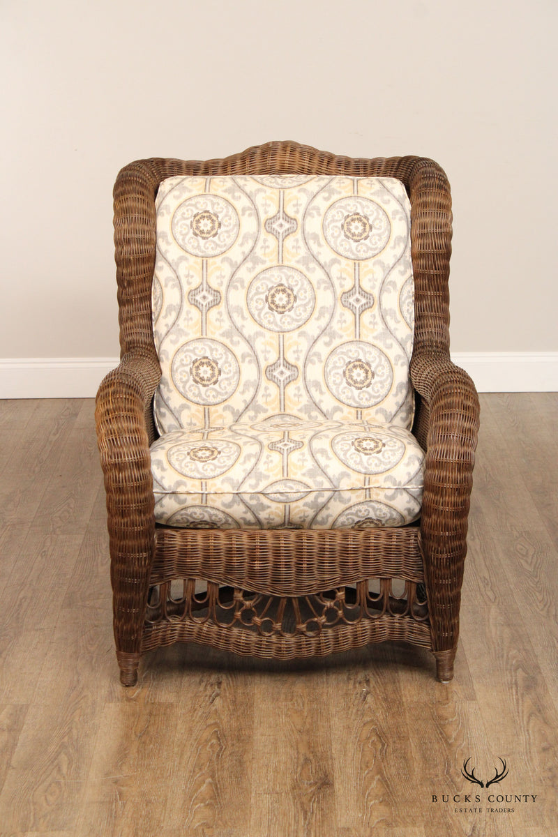 Ethan Allen Victorian Style Wicker Wing Chair and Ottoman