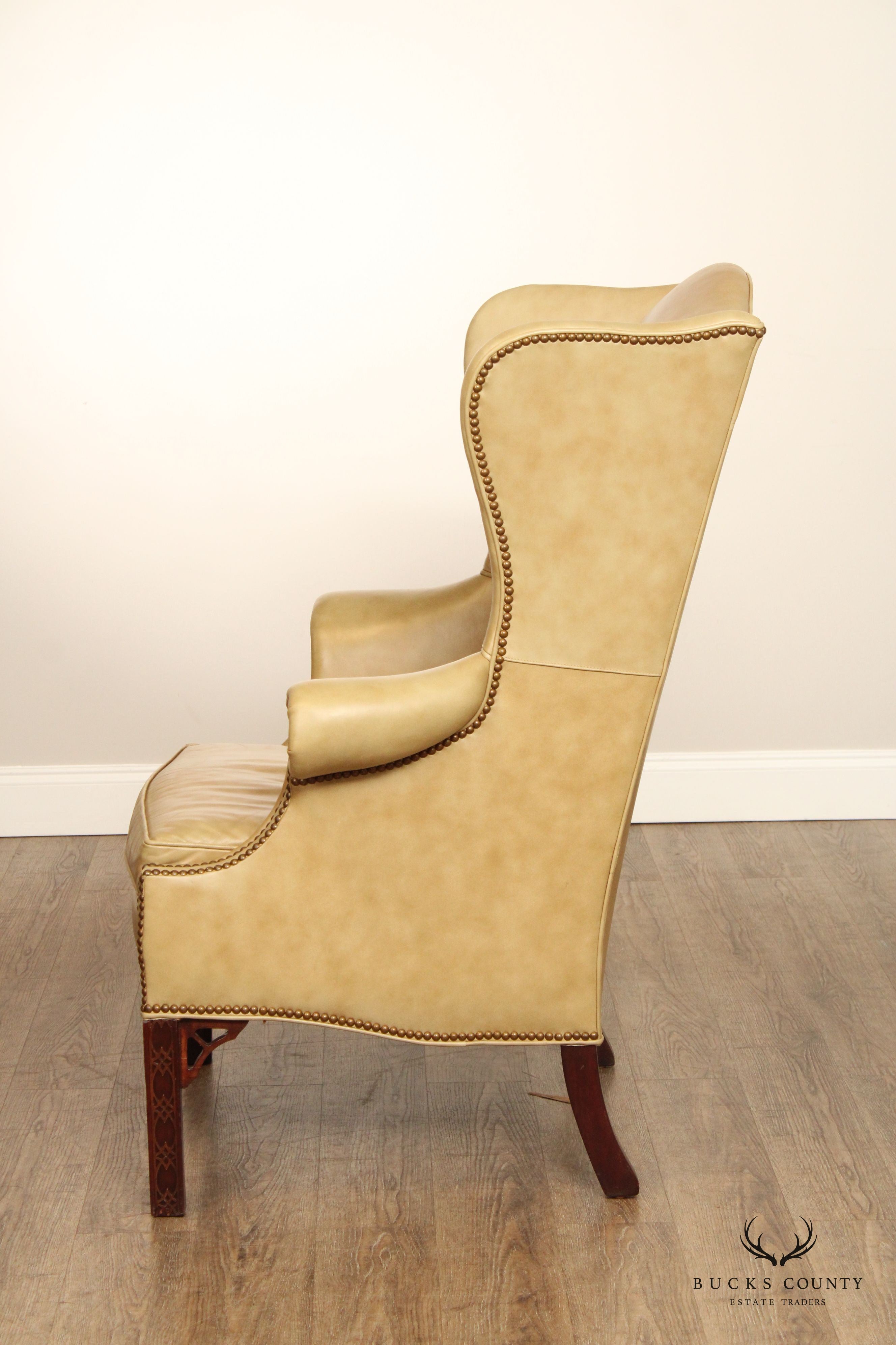 Chippendale Style Tan Leather Wing Chair