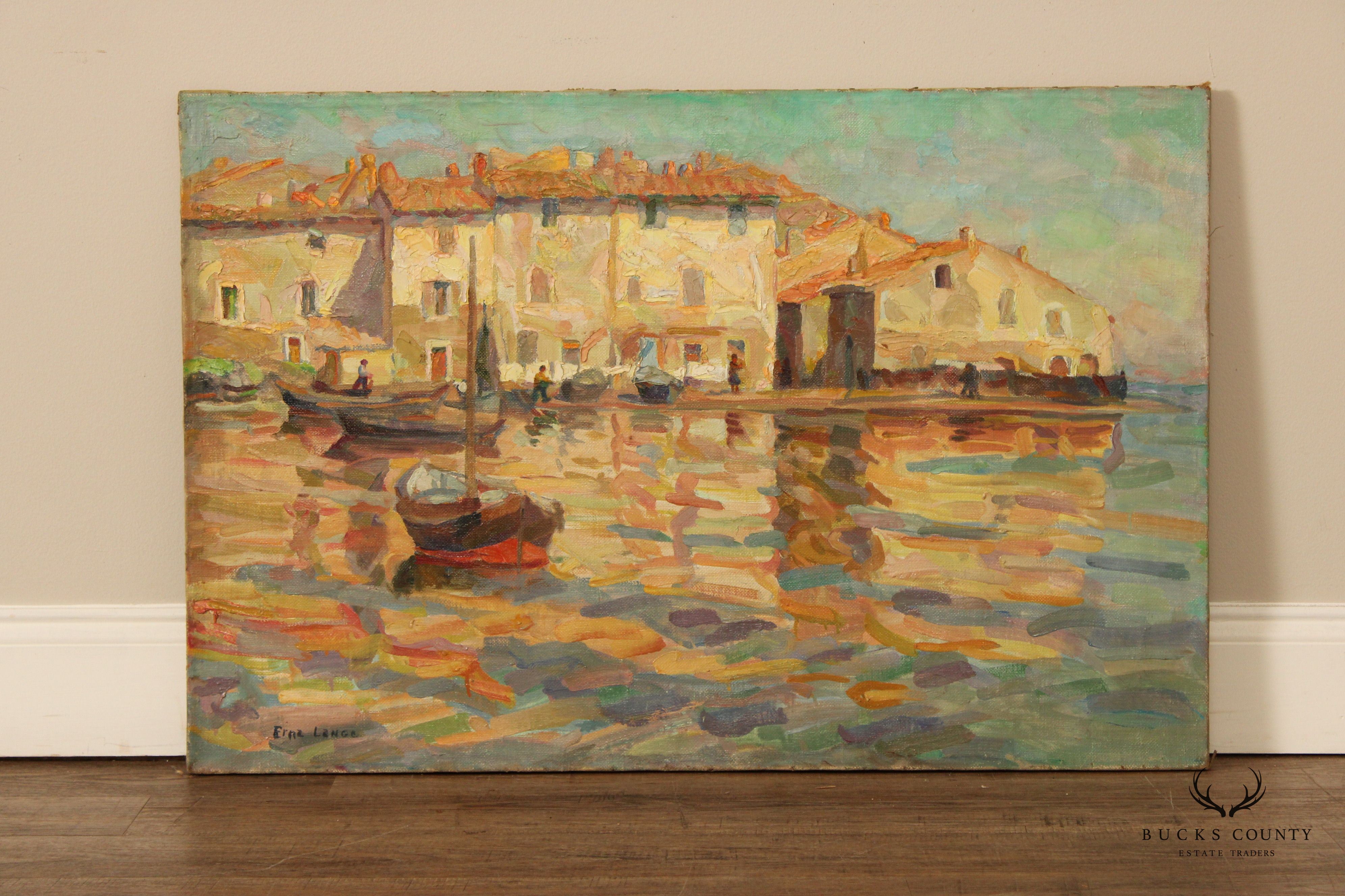 Erna Lange Signed Waterfront Sunrise Oil Painting 'Fishing in Southern France'