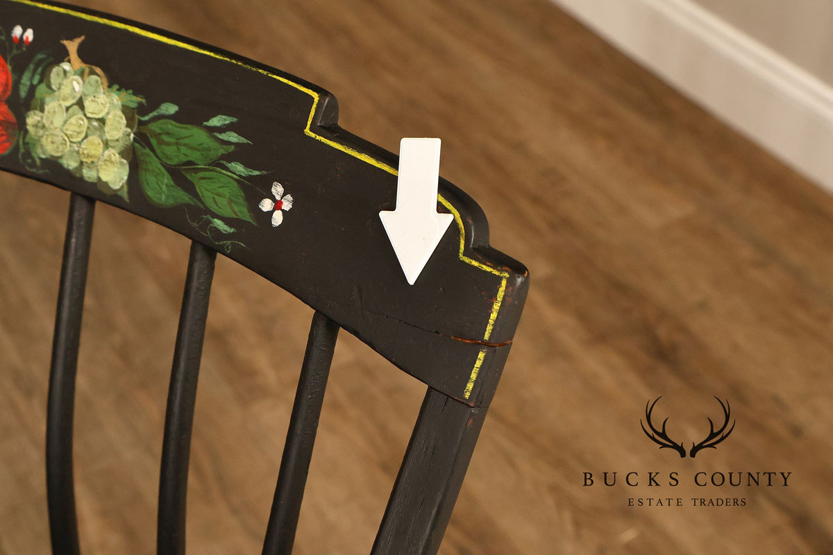 Vintage Stenciled Black Windsor Style Set Of Eight Dining Chairs
