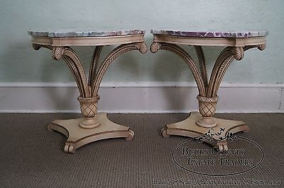 Grosfeld House Pair of Painted Carved Wood Plume Base Marble Top Side Tables