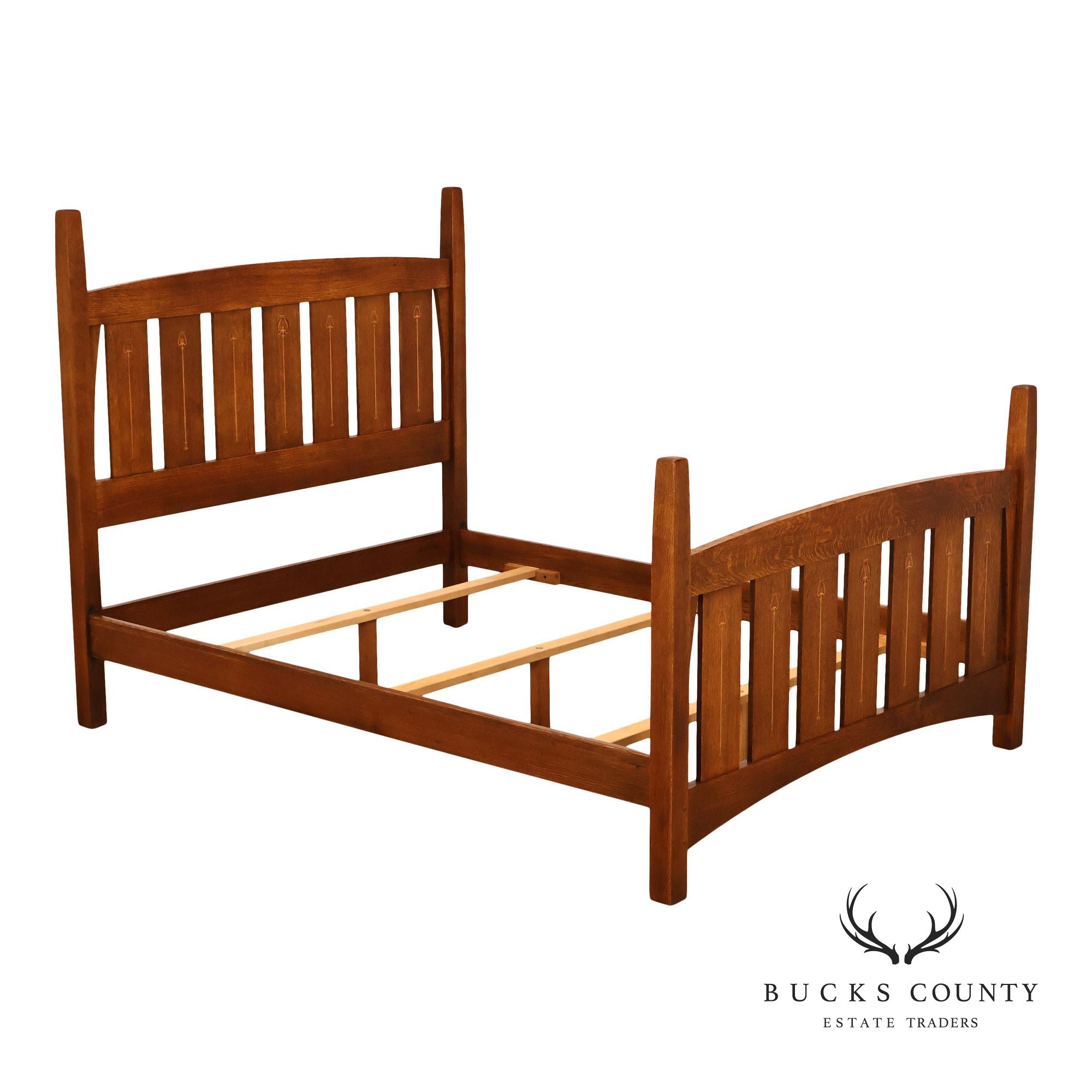 Stickley Mission Collection Oak Harvey Ellis Inlaid Queen Size Bed Frame