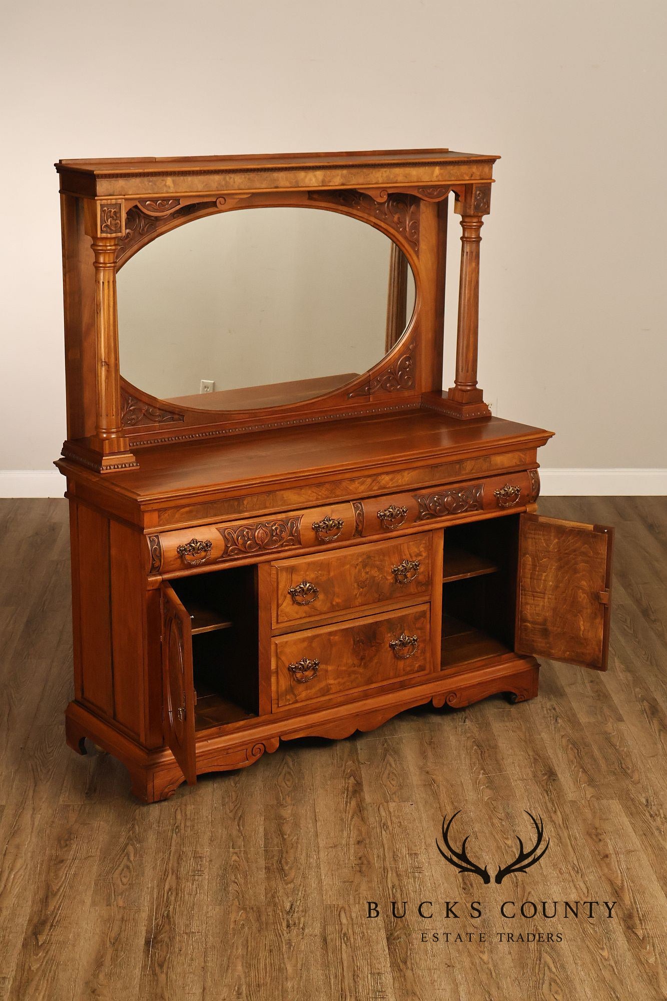 Antique Mirrored Burl Walnut Buffet Sideboard